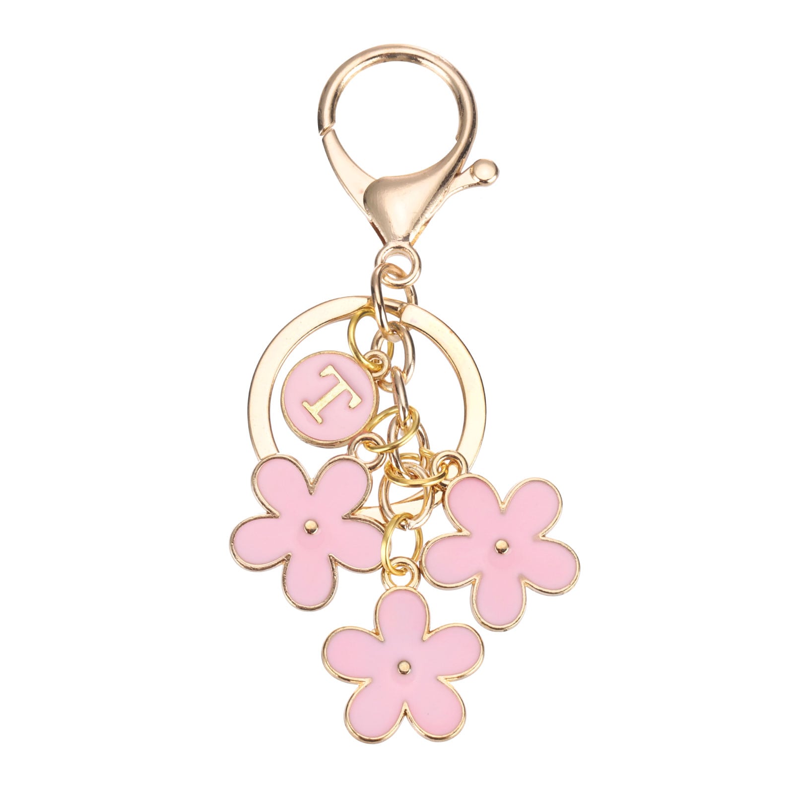 PATIKIL Pink Flower Keychain Charm Cute Enameled Keychain Initial Floral Keyring with Letter T Charm Pendant for Women Key Handbag Backpack Bag Accessories