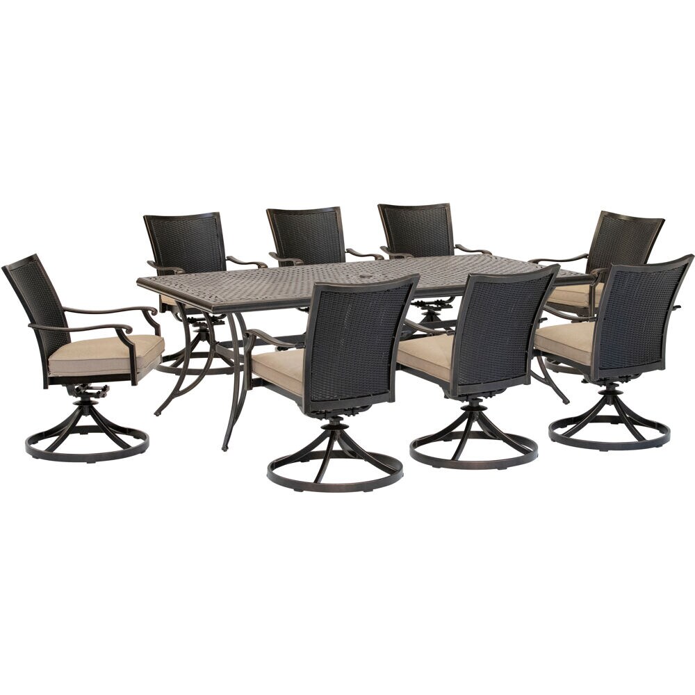 Hanover TRADDNWB9PCSWC-TAN Traditions 9-Piece Bronze Patio Dining Set Aluminum Rectangle Table with 8 Tan Cushions Swivel Rocker Chairs