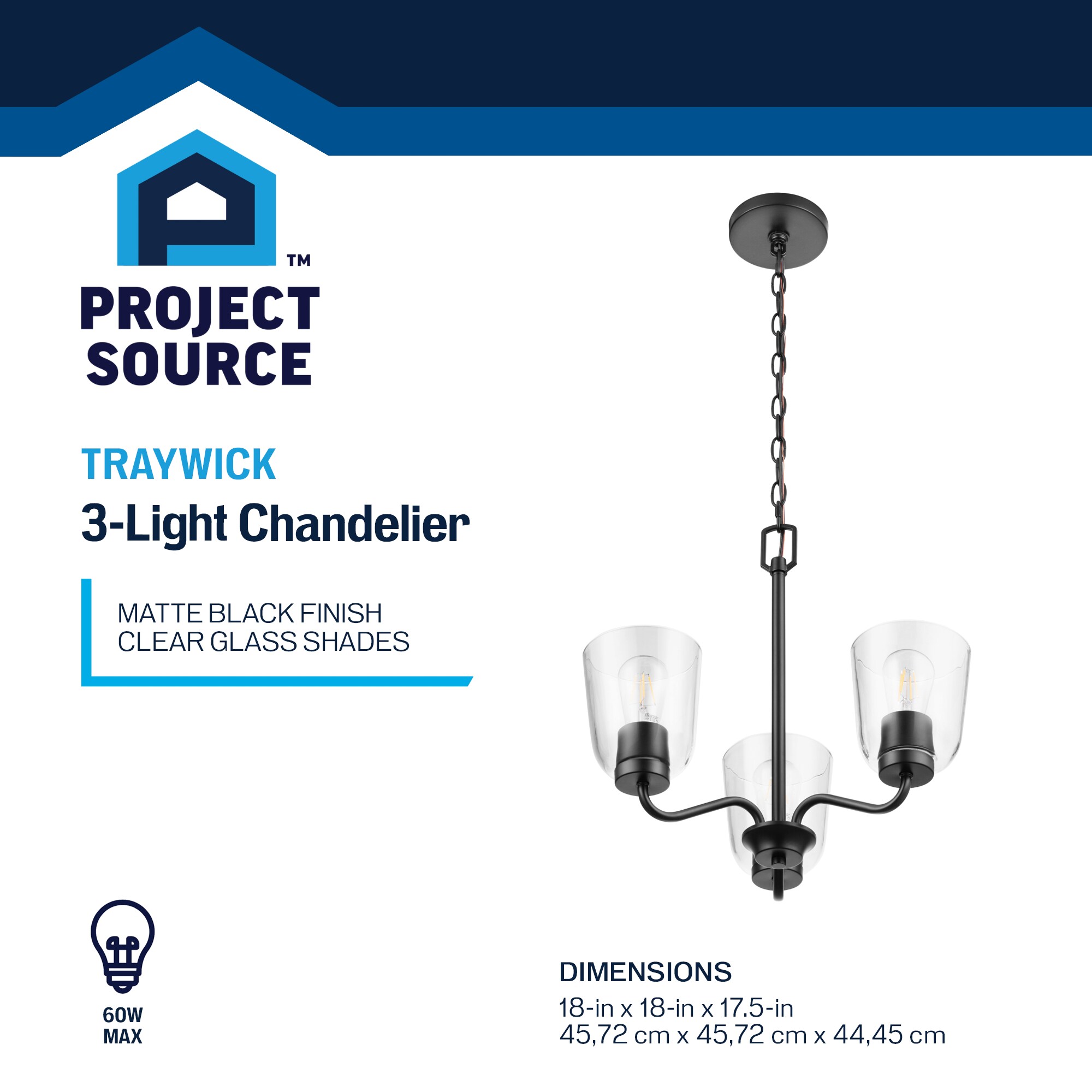 Project Source Traywick 3 -Light Matte Black Transitional For Use in Bedrooms, Dining Rooms, Foyers, Kitchens, Living Rooms Chandelier