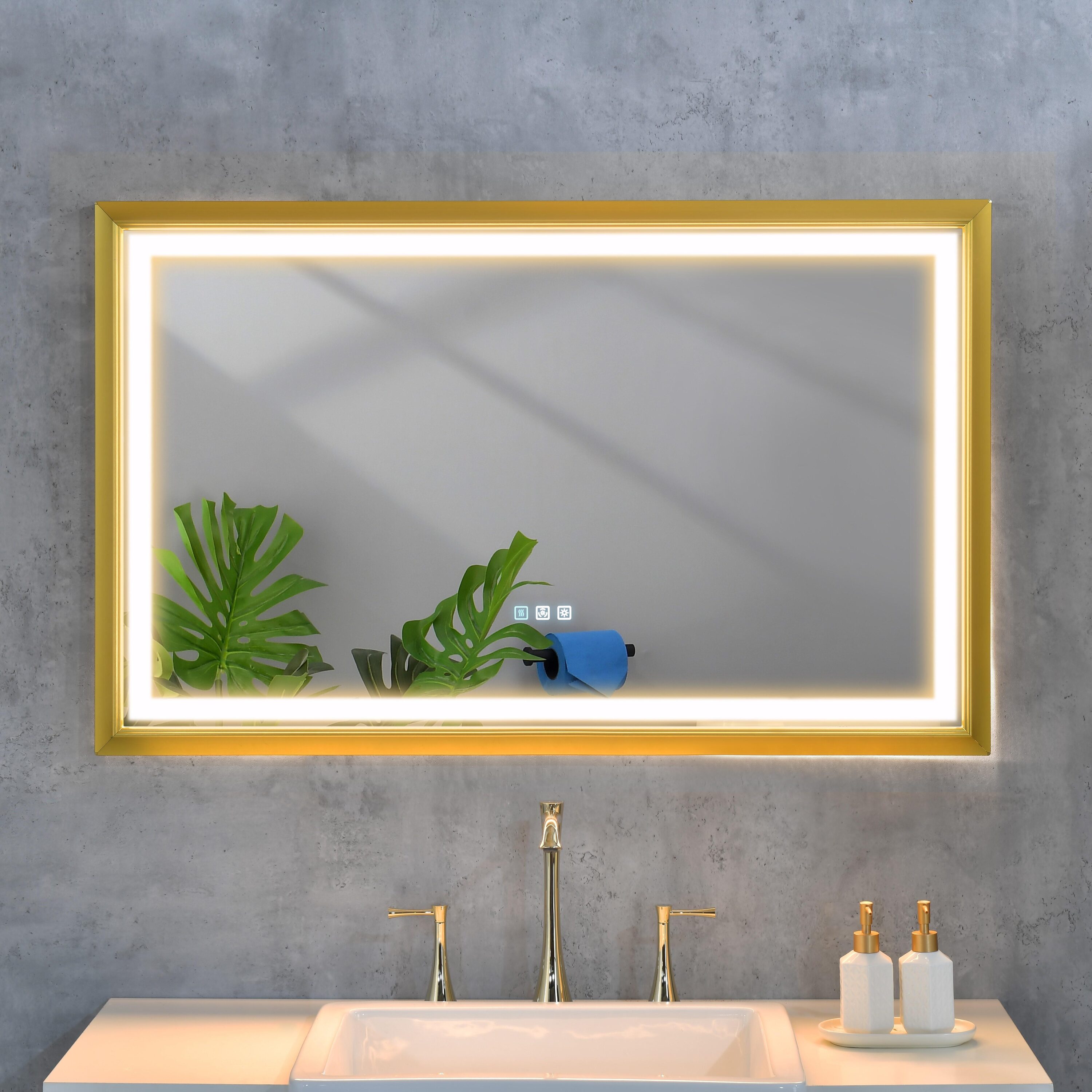 Bayfeve BF-178372-MIR Wall Mount Bathroom Vanity Mirror 42-in x 24-in Framed Rectangle Dimmable LED Lighted Fog Free Bathroom Vanity Mirror ( Gold )