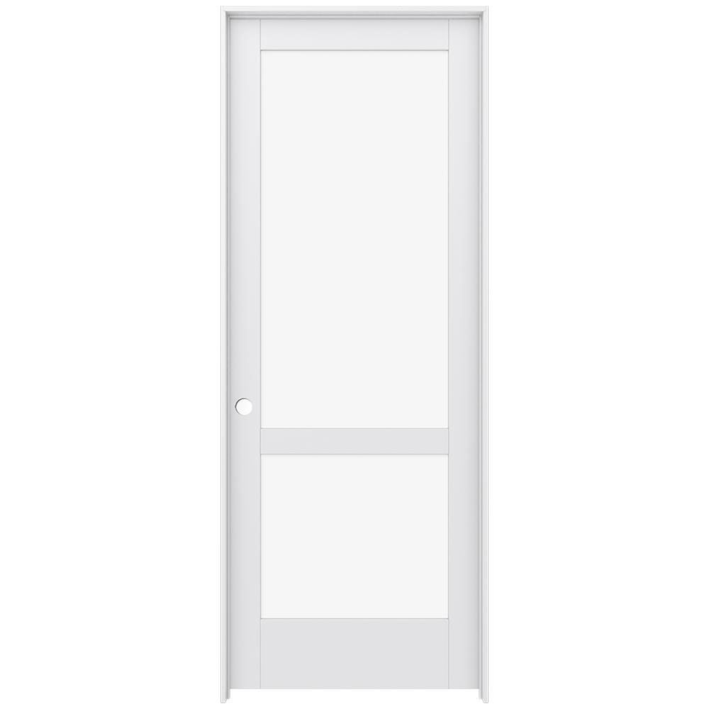 JELD-WEN LOWOLJW221100664 36-in x 96-in Primed Solid core 2-panel square Clear glass Right hand Smooth Primed MDF Flat Jamb Single Prehung Interior Door