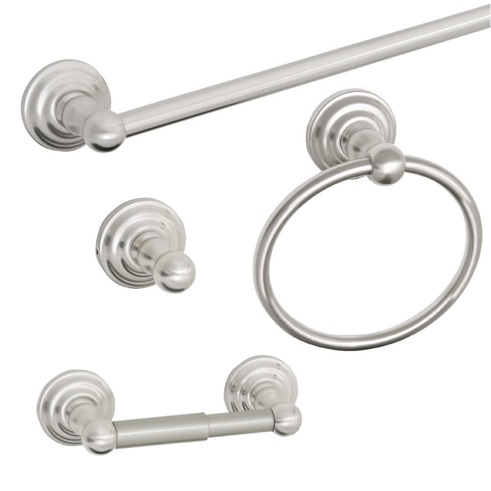 Design House 188631 4 -Piece Calisto Satin Nickel Decorative Bathroom Hardware Set Towel Bar, Toilet Paper Holder, Towel Ring ,Robe Hook Included