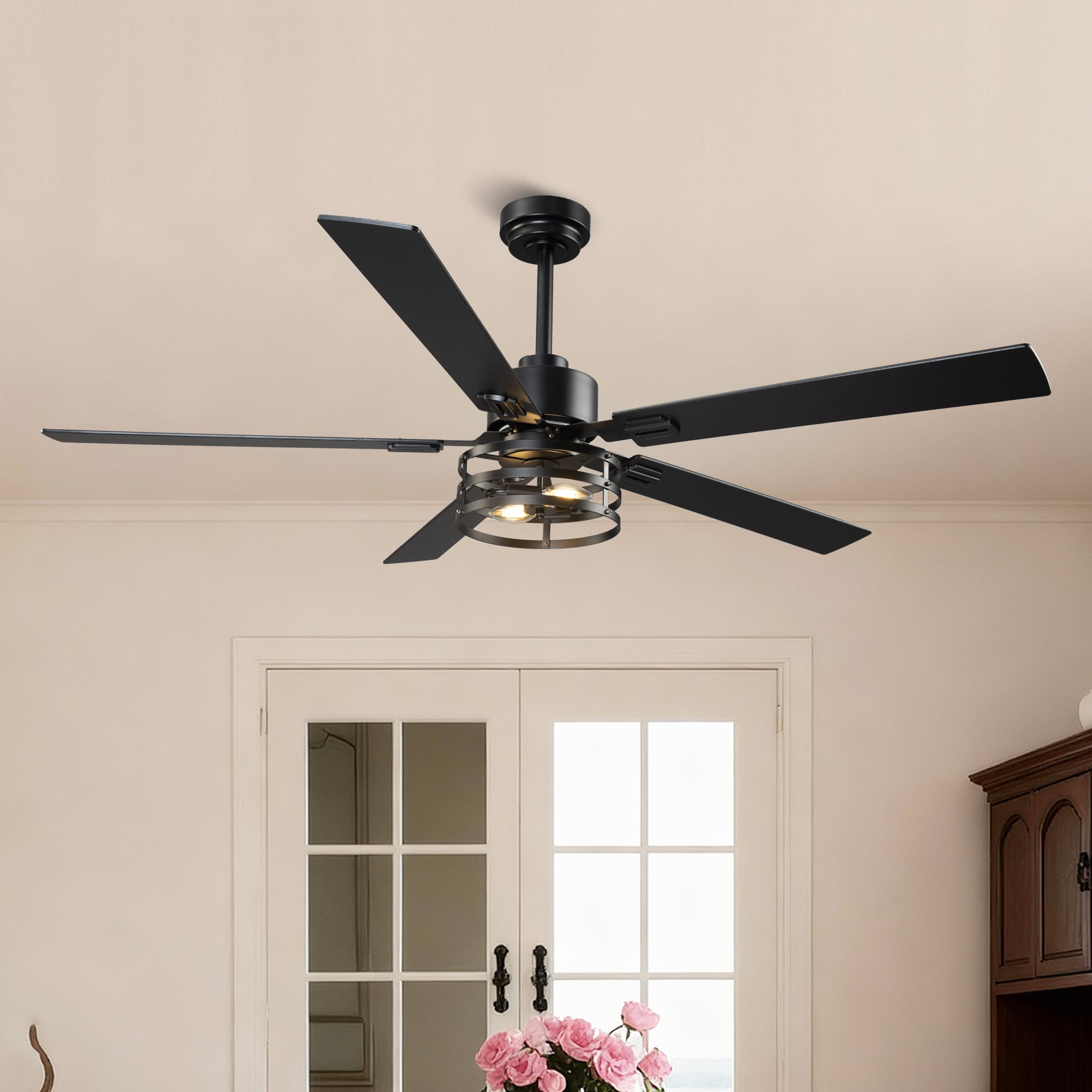 VACZON VZA01A118S60BK 60-in Color-Changing Smart Matte Black with Matte Black/Brown Blades Fandelier Ceiling Fan With Light - Remote Included ( 5 -Blade )