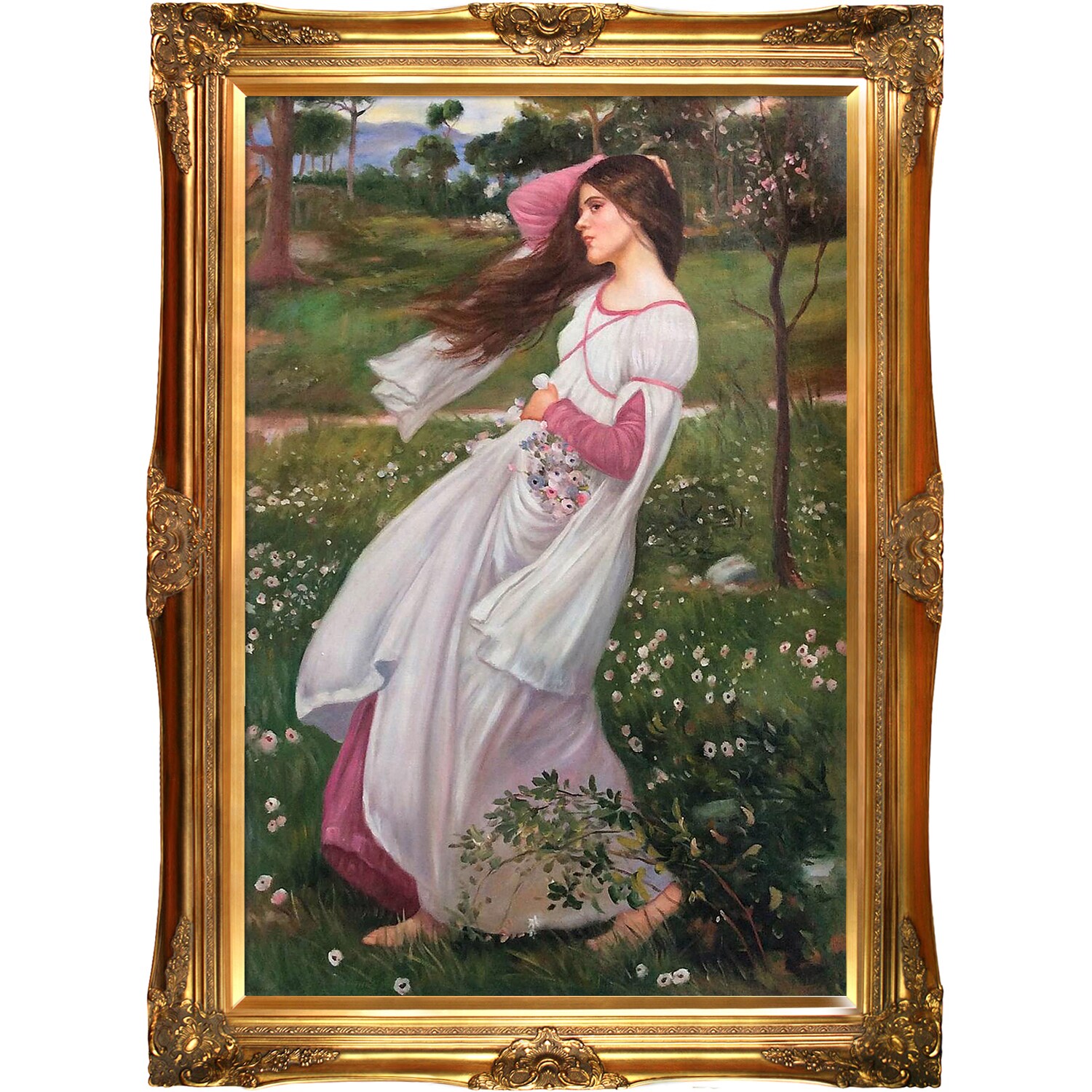 La Pastiche 688576620961 Windflowers, 1902 John William Waterhouse Gold Wood Framed 32-in H x 44-in W People Canvas Hand-painted Painting