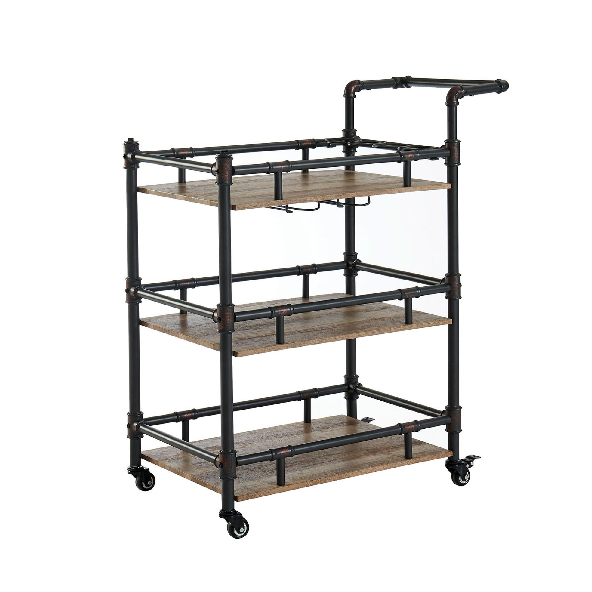 Rustic Black and Brown Three-Tier Wooden Serving Cart with Casters
