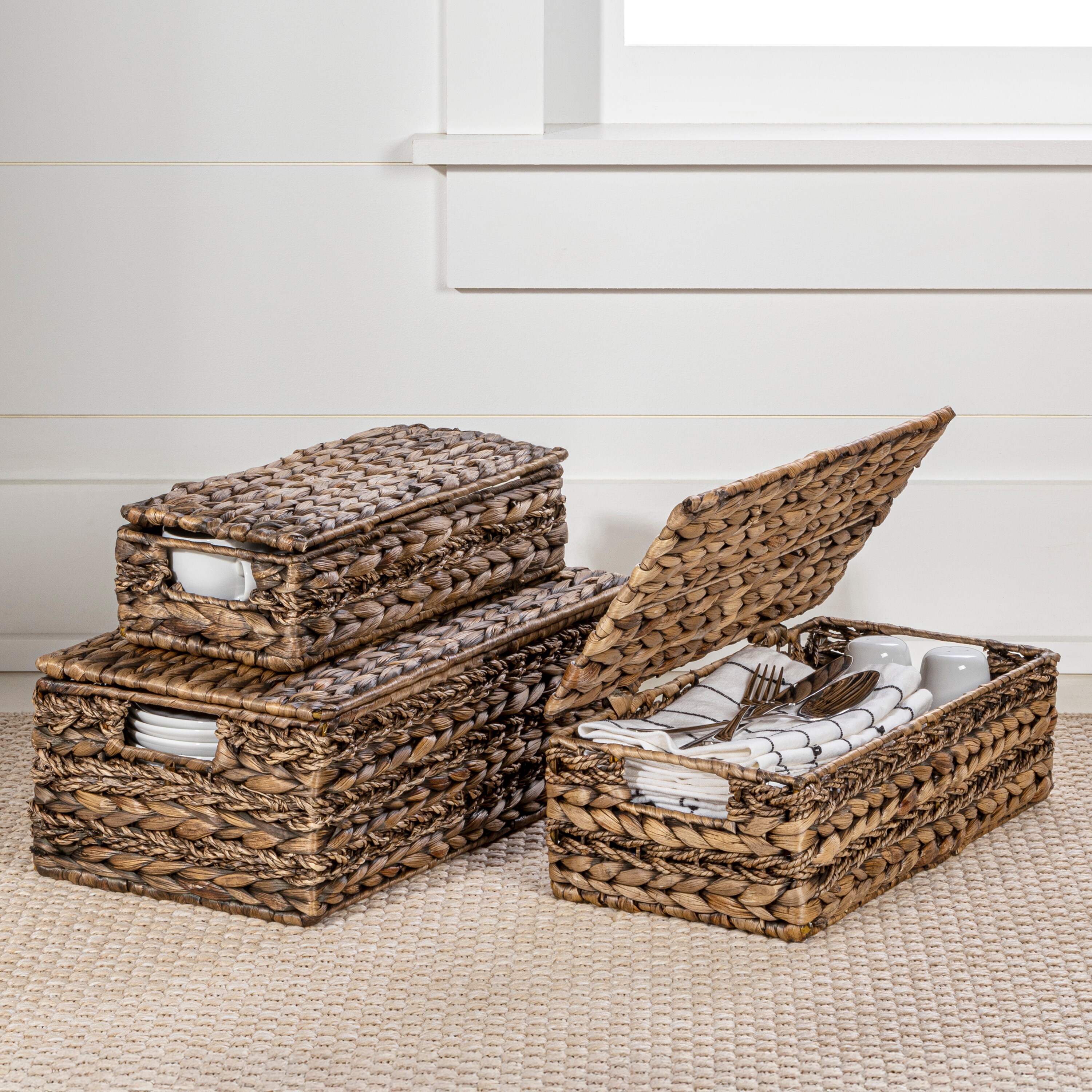 happimess BSK2000B-3SET 3 -Pack Sandrine Farmhouse Handwoven Rectangle ( 16.54-in W x 5.91-in H x 9.06-in D ) Brown Water hyacinth Stackable Basket