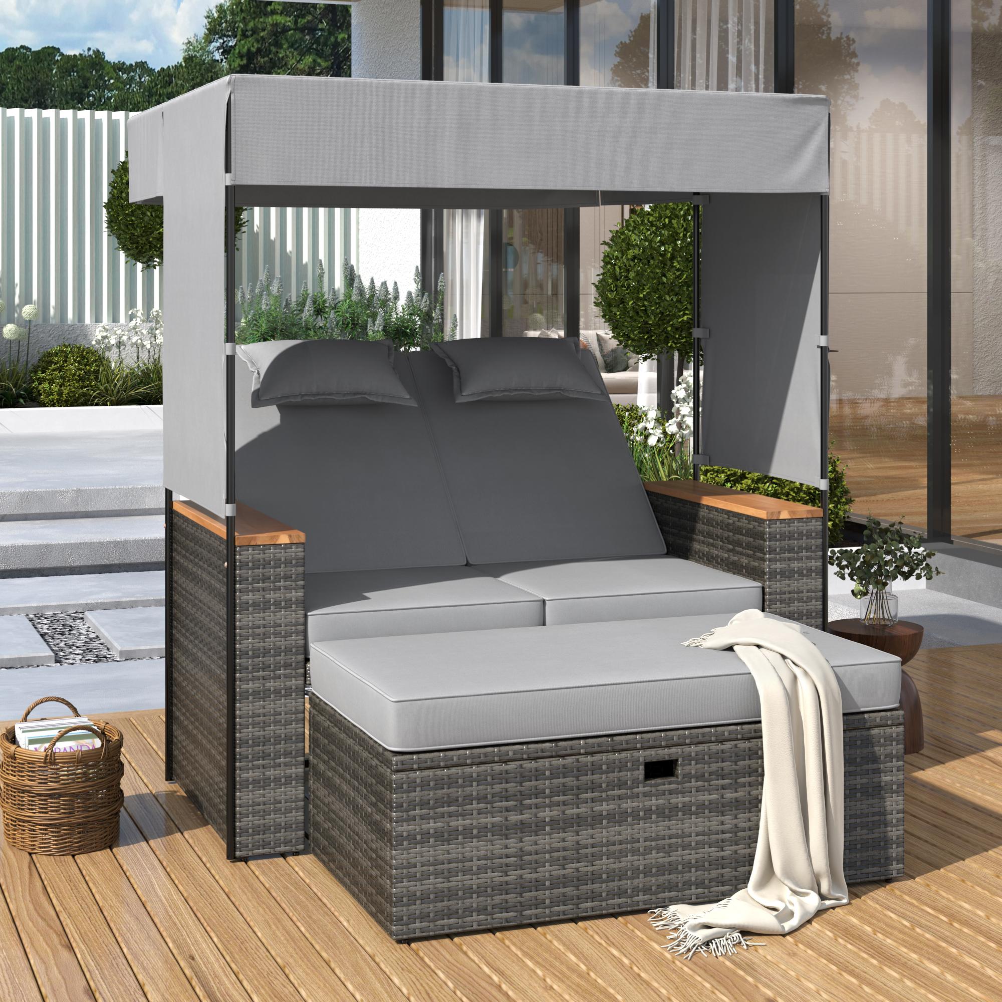 BABOOM BOM-00072AE-OR Patio Bench Lounge Roof Set 2-Piece Wicker Patio Conversation Set with Gray Cushions