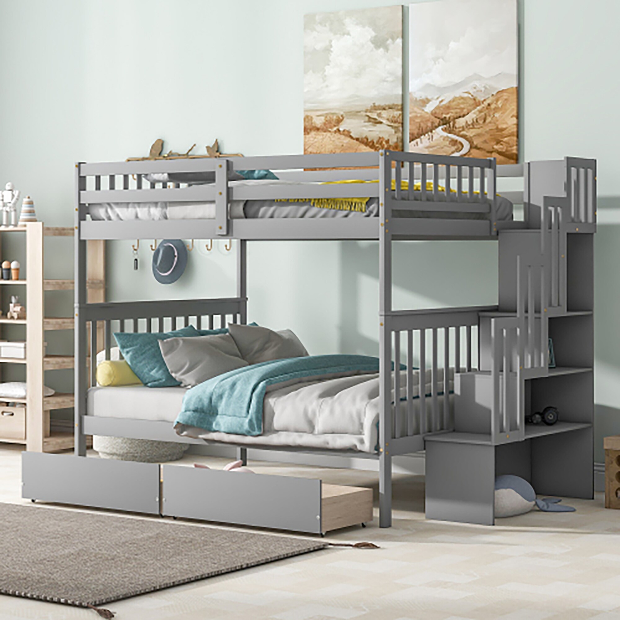 Atlantic Furniture Columbia model twin full Staircase bunk bed kids bedroom  furniture. Atlantic furniture brand twin full bunkbeds and columbia bunk  beds with stairs steps and stairway in Antique Walnut, White Natural