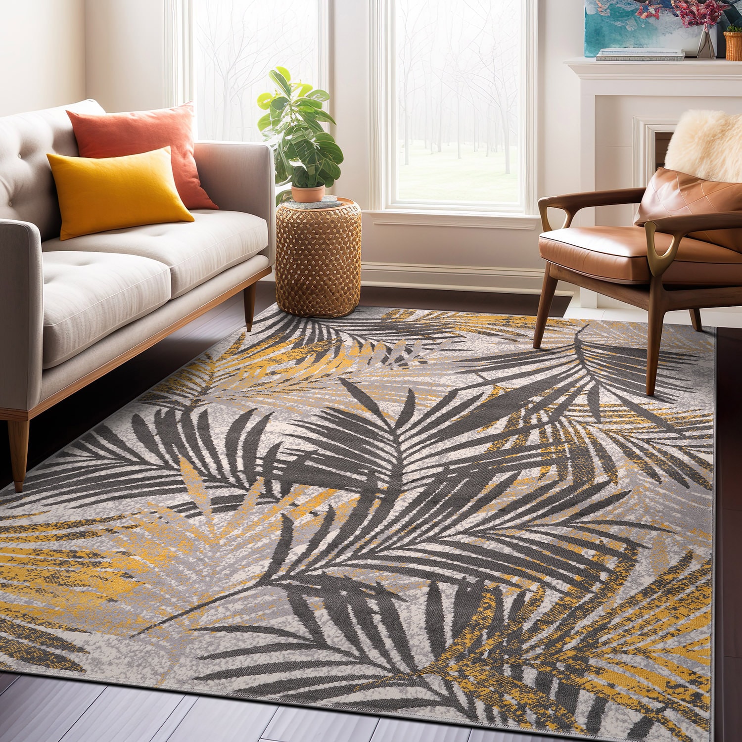 World Rug Gallery 4052YELLOW8X10 8 x 10 (ft) Loomed Polypropylene Yellow Rectangular Indoor Floral/Botanical Global Area rug