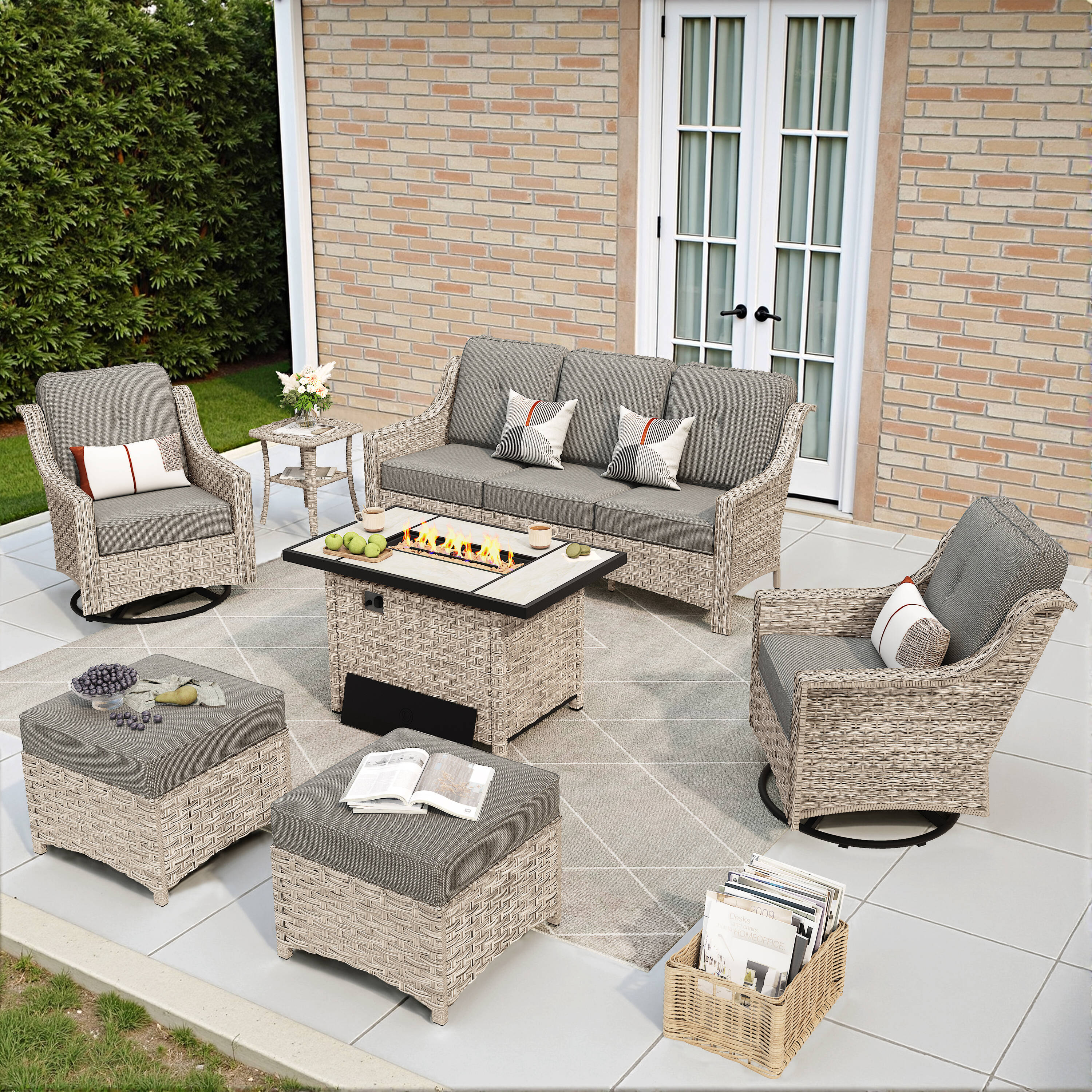 weaxty HMBCFP-YZPAD1072 Aireno 7-Piece Rattan Patio Sofa Conversation Set with Black Cushions