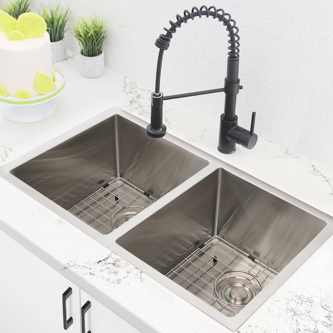 Stylish Styluxe Dual Mount 28 In X 18 In Brushed Satin Double Equal Bowl Kitchen Sink In The Kitchen Sinks Department At Lowes Com