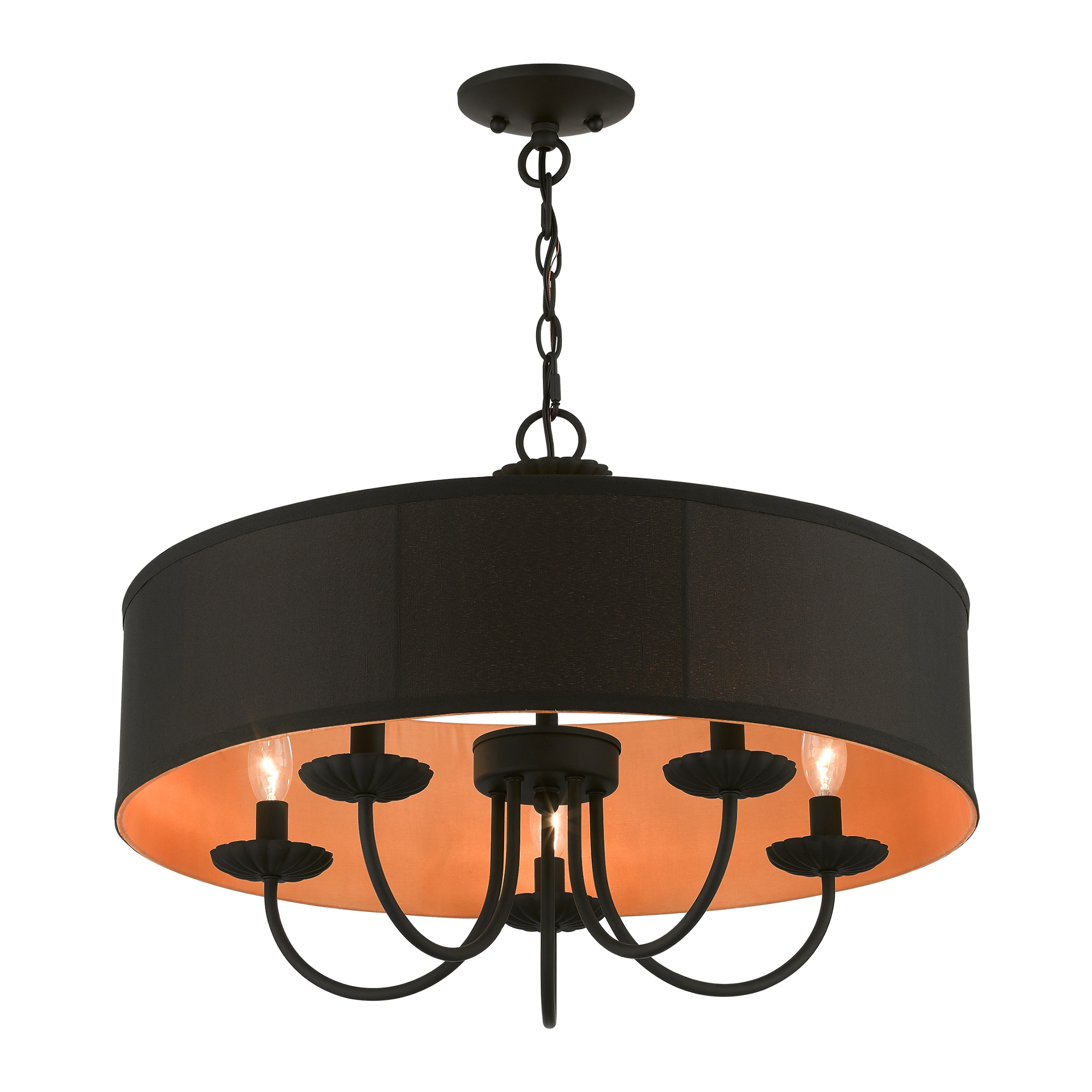 Winchester Transitional 5-Light Black Drum Pendant Chandelier with Silky Orange Inner Shade