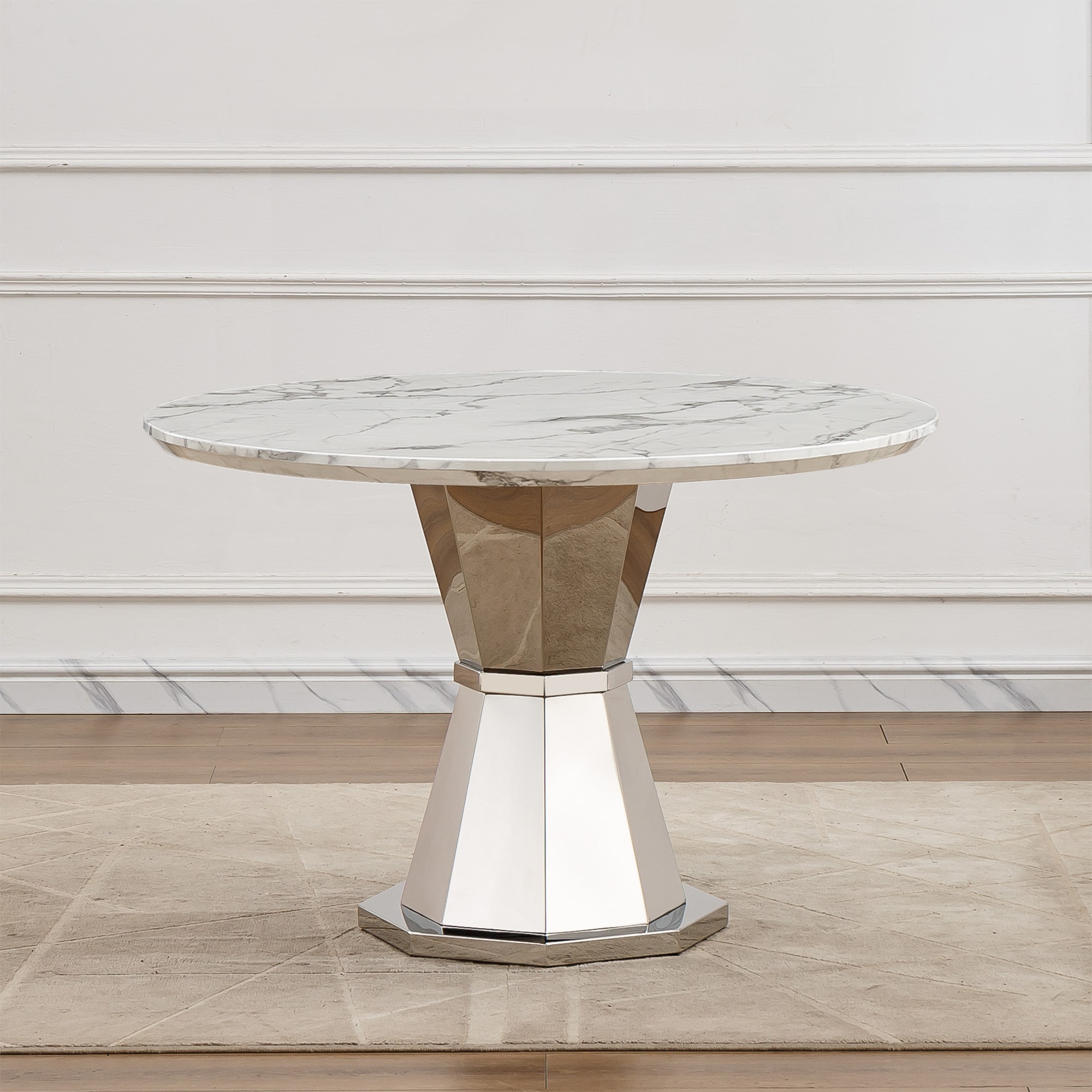 GDFStudio 341961 47 inches Round Marble Dining Table Modern Kitchen Table with High Gloss Faux Marble Tabletop and Stainless Steel Base for Dining Room Kitchen - Sliver White - only table