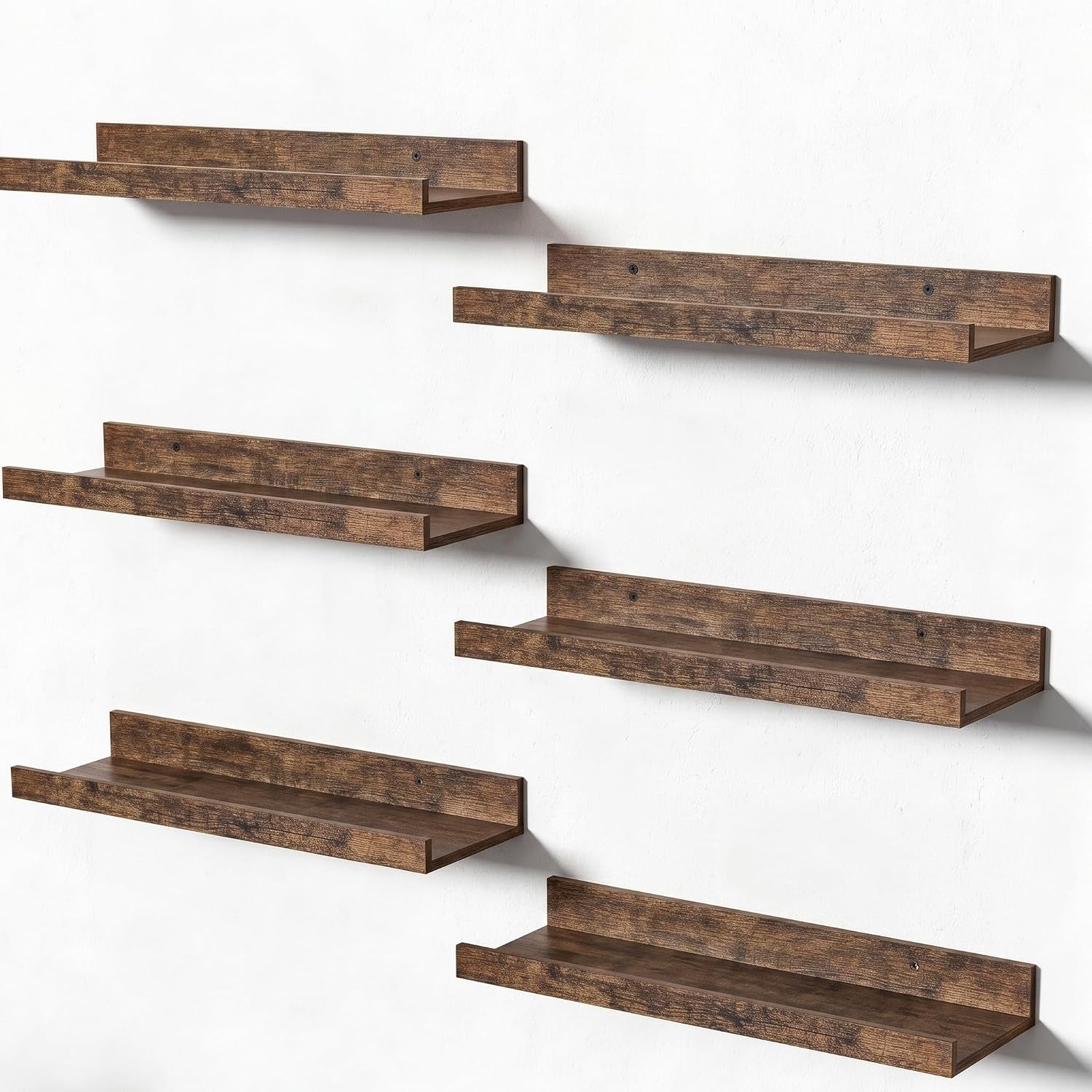 Fredees 6 Pack Wood Floating Wall Shelves Wall Mounted Display Storage Shelf for Bathroom Bedroom Living Room Kitchen Office and Laundry Room Brown