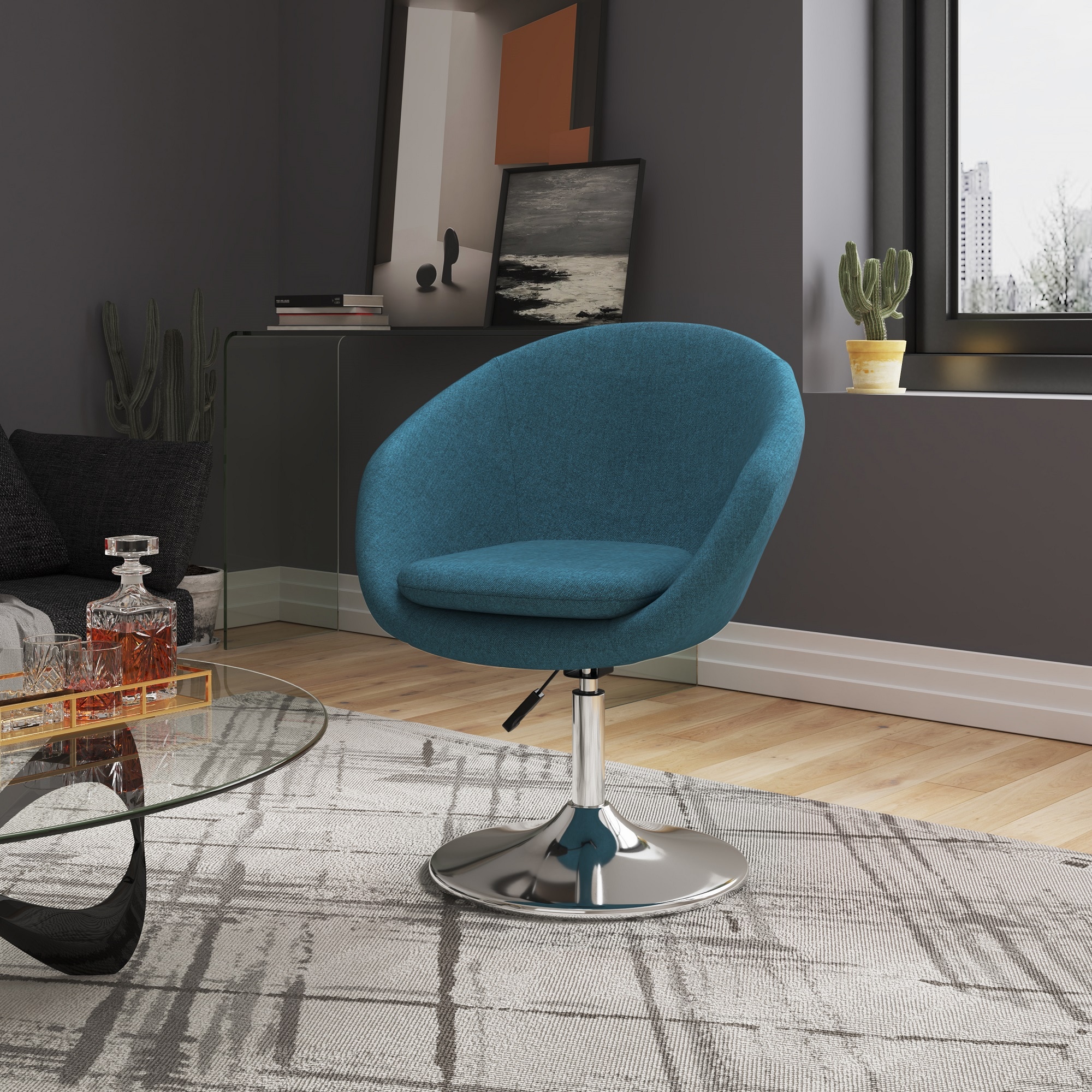 Manhattan Comfort 2-AC036-SB 2 Modern Sky Blue and Polished Chrome Twill Swivel Accent Chair