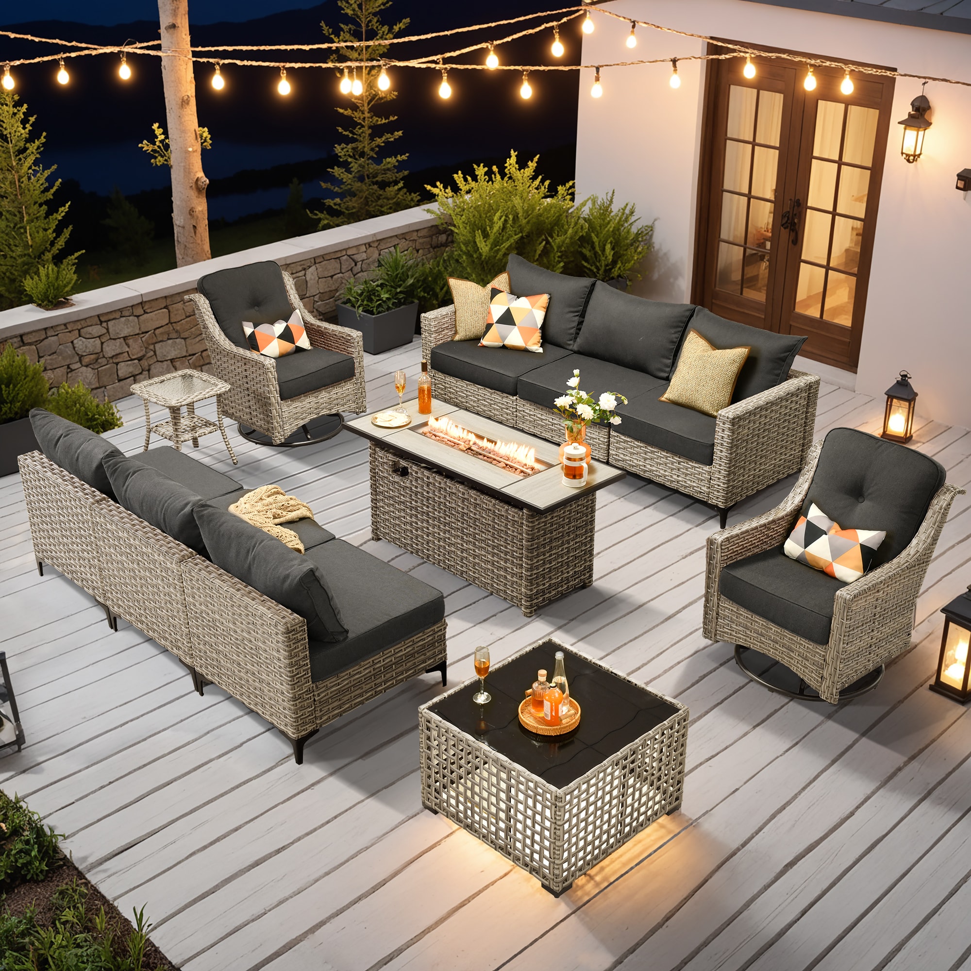 Ovios RFP504-SK10YP 11 -Piece Rattan Patio Conversation Set with Black Cushions