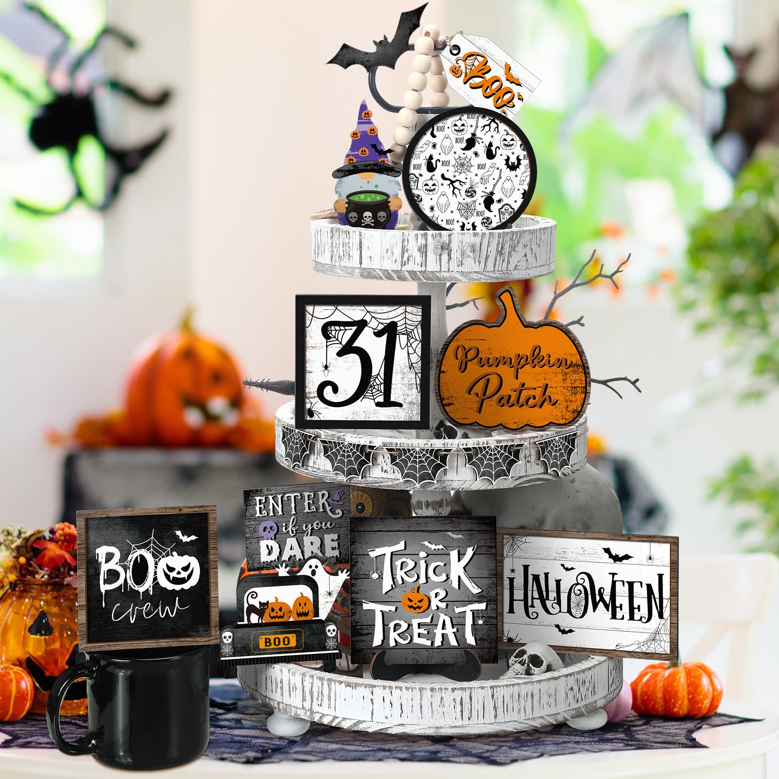Linder Group Inc Halloween Tiered Tray Decor Set 14 pcs Rustic Farmhouse Wooden Signs Pumpkin Ghost Boo Trick or Treat Blocks for Table Shelf Fireplace Home Party