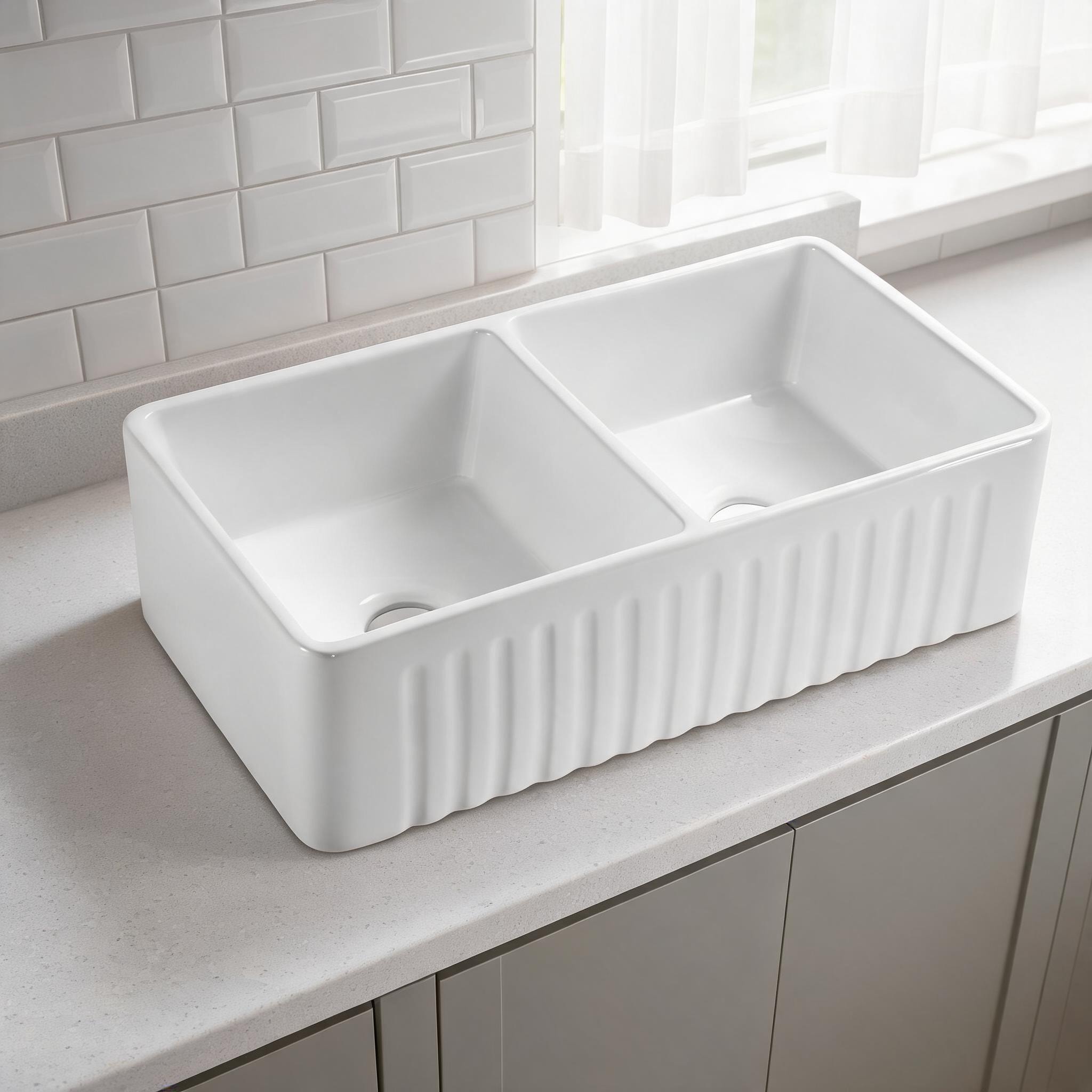 Watnature Kitchen Farmhouse Apron Front Sink by Soft White Ceramic 33 Inch Deep Reversible Installation #OSEHO5F3SRB0