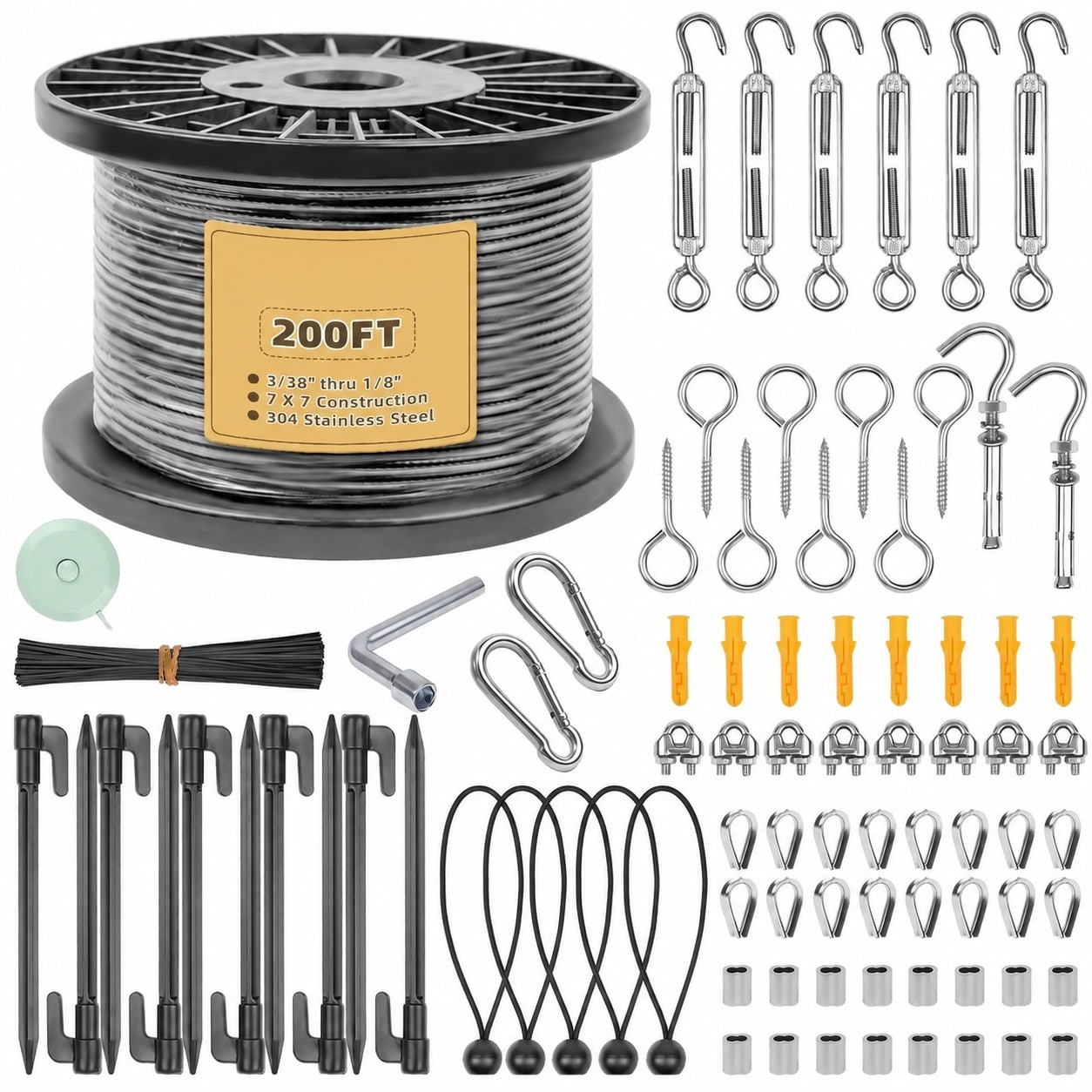 Adrinfly  1 8 Black Wire Rope Kit 200FT 304 Stainless Steel Vinyl Coated with M5 Turnbuckles 7x7 Strand Aircraft Cable for String Light