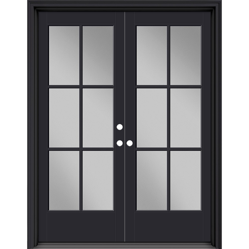 Masonite 630794 Performance Door System 60-in x 80-in x 4-9/16-in Fiberglass Full lite Left-hand inswing Peppercorn Painted Prehung Double Front Door with Brickmould Insulating core with Grilles