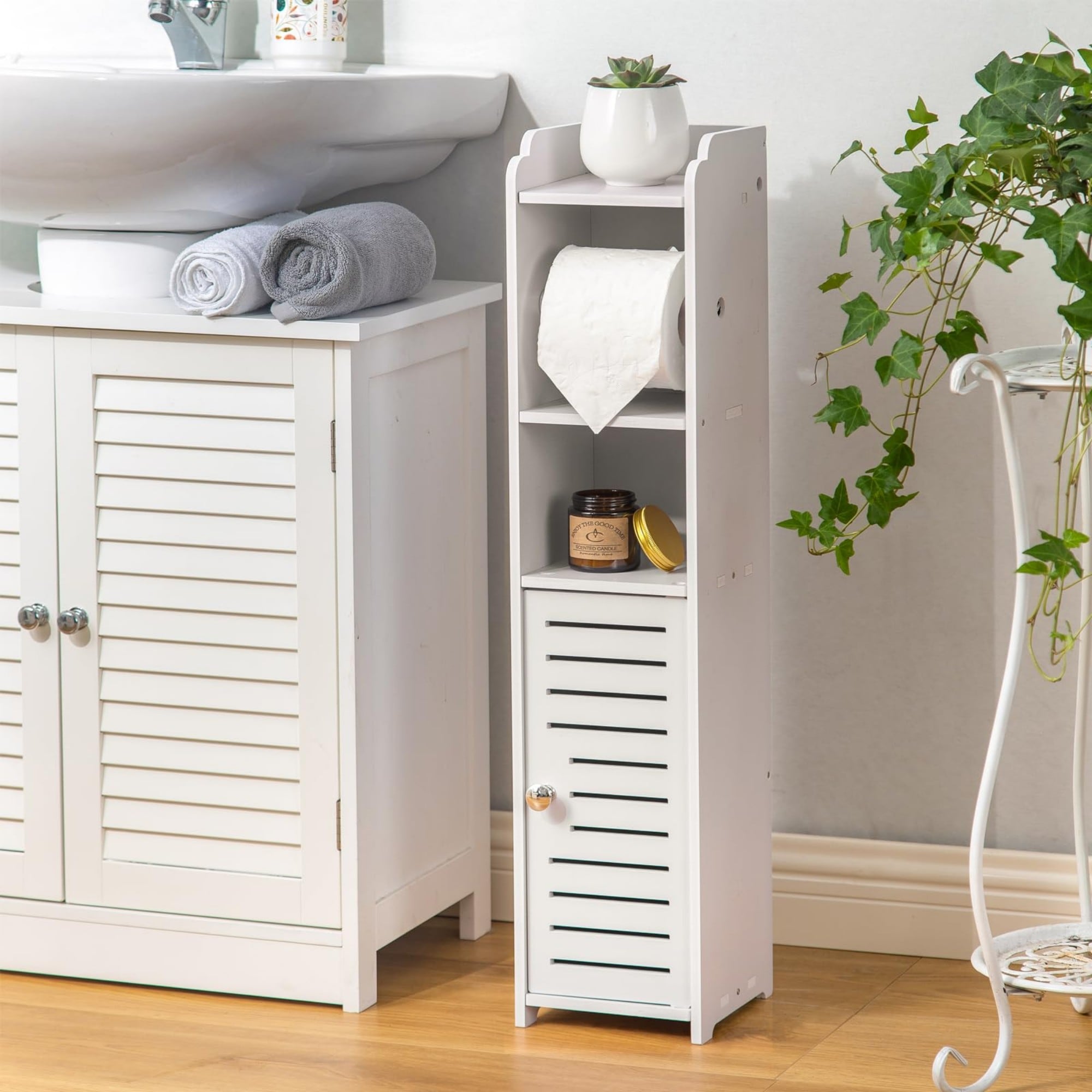 Wudkey No Drill PVC Small Bathroom Cabinet for Apartment Dwellers White