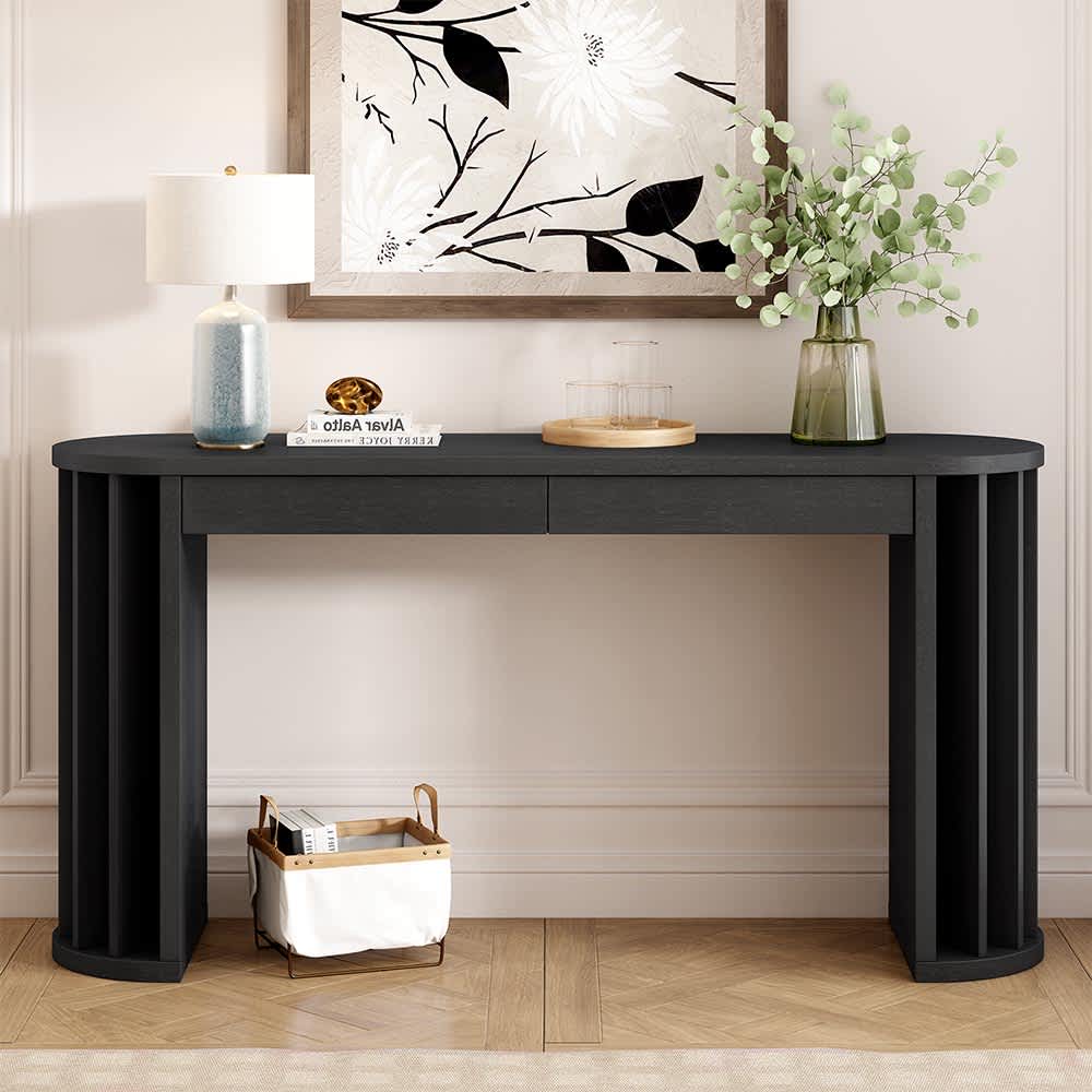 JUJABU ZJCONSOLETABLE-1 Black 59inch Long Console Table Oak Veneer Sofa Table Curved and Straight Line Design Farmhouse Entryway Table for Living Room