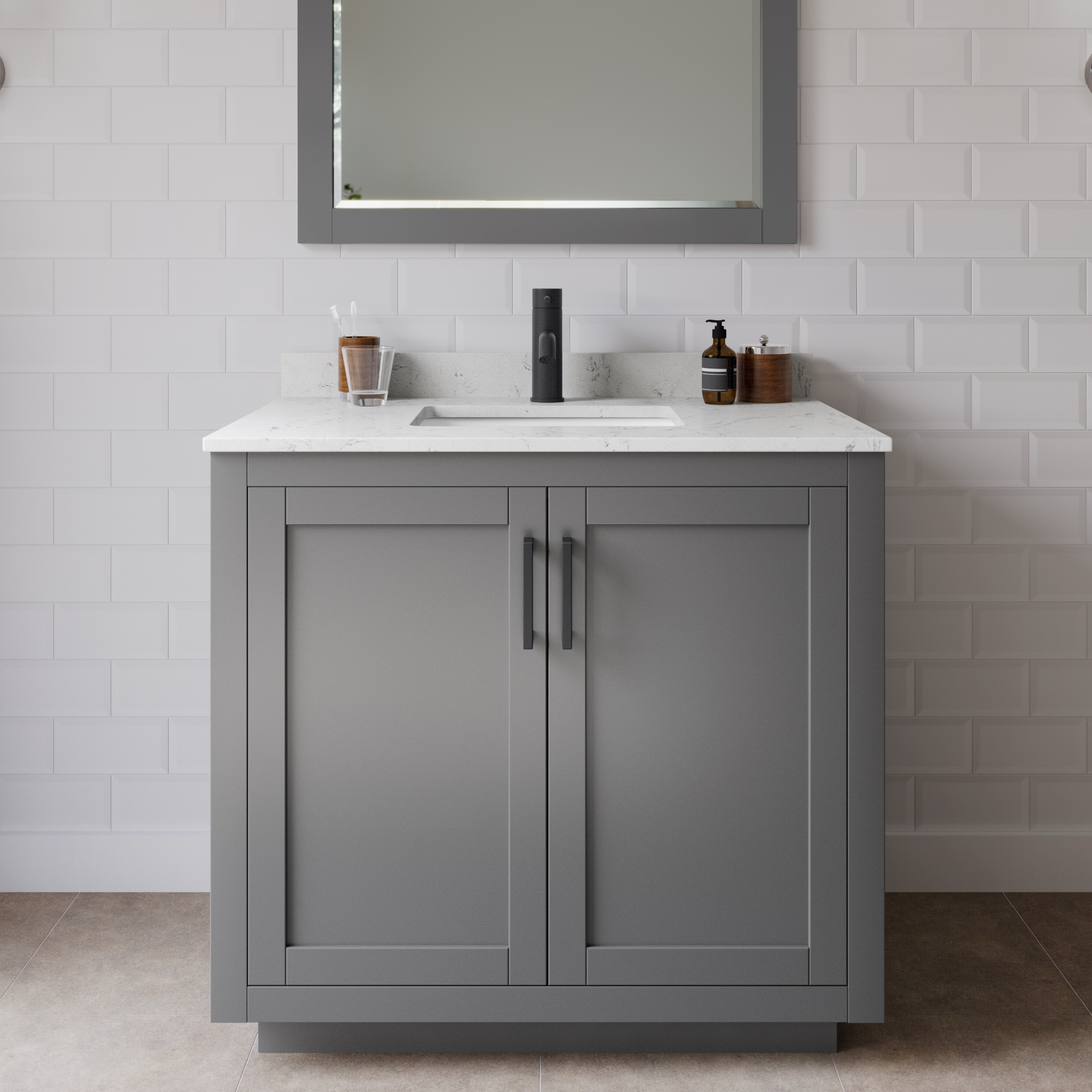 Wyndham Collection WCF292936SGBC2UNSM34 Miranda 36-in Dark Gray with Matte Black Trim Undermount Single sink Bathroom Vanity with Carrara Cultured Marble Cultured marble Top (Mirror Included)