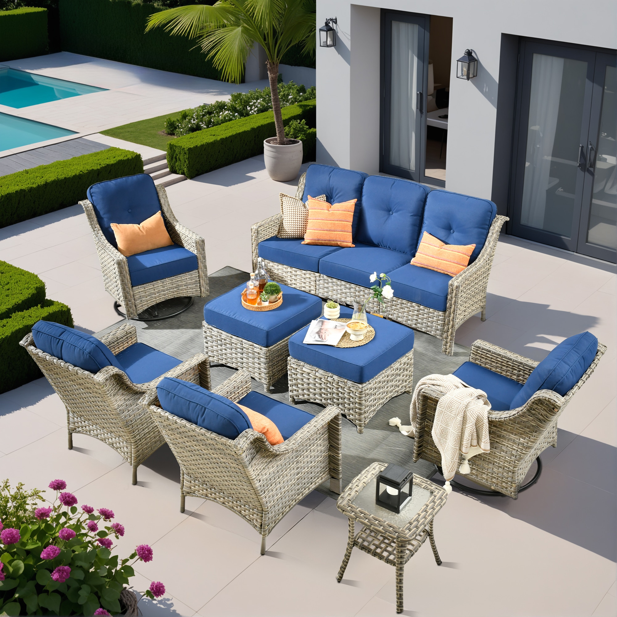 Caodoc L5-YZPAD708 New right-Angles Rattan Outdoor Sectional with Blue Cushions and Rattan Frame