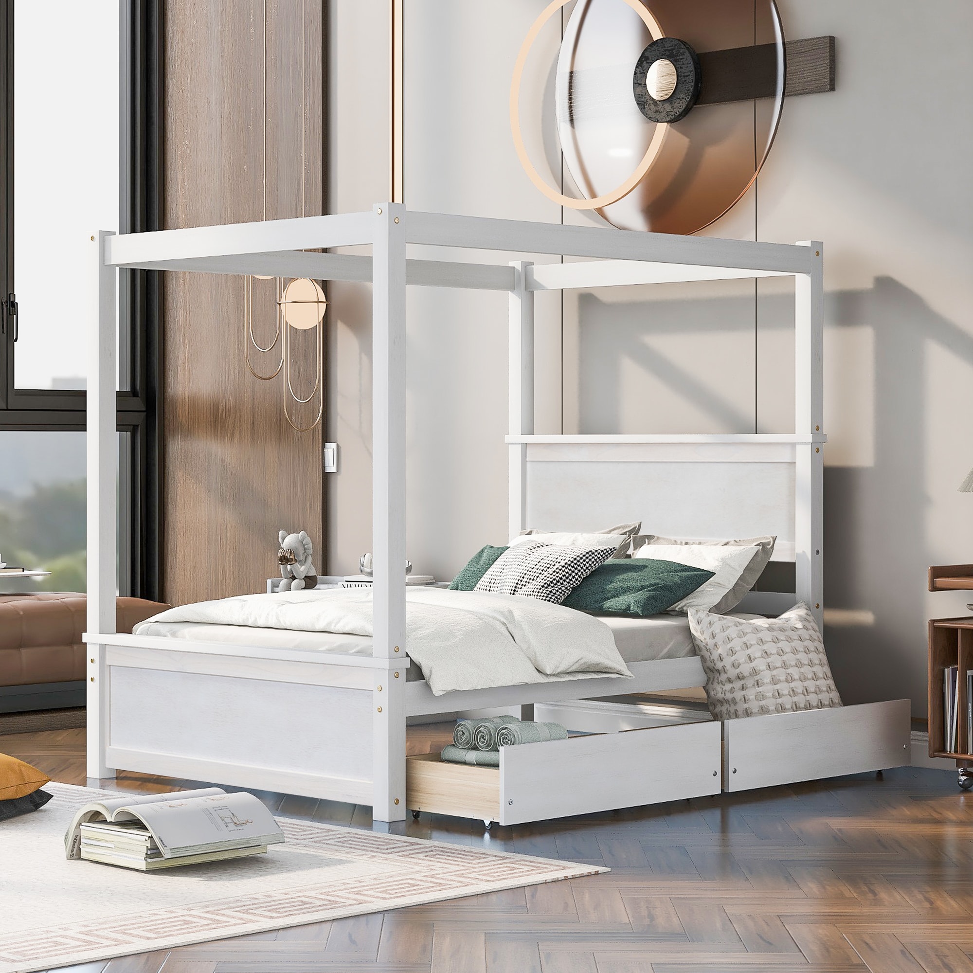 ModernLuxe WF303304AAK Wood Canopy Bed with two Drawers Full Size Canopy Platform bed With Support Slats .No Box Spring Needed Brushed White