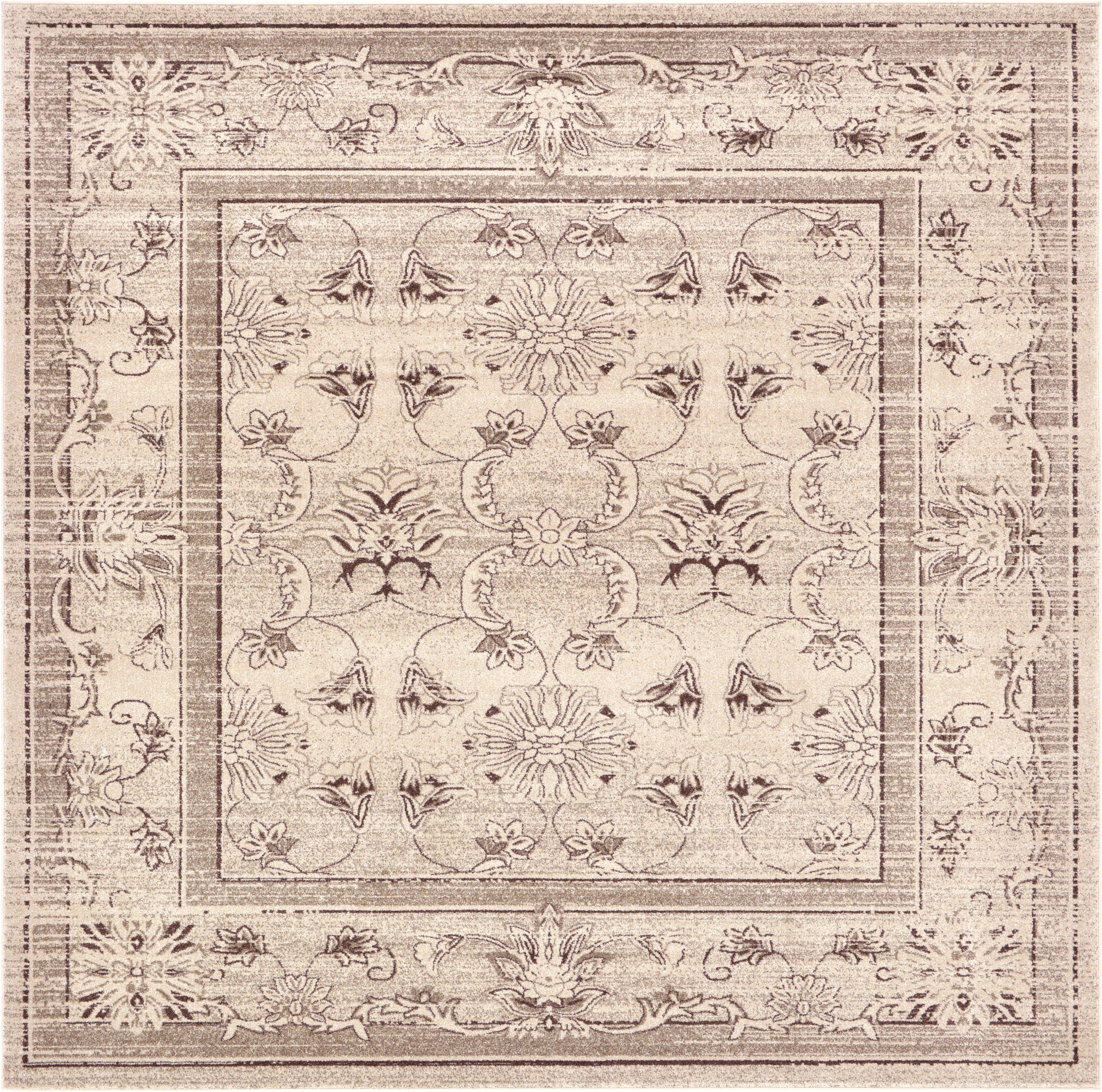 Ivory and Brown Floral Synthetic Square Rug, 10' x 10'