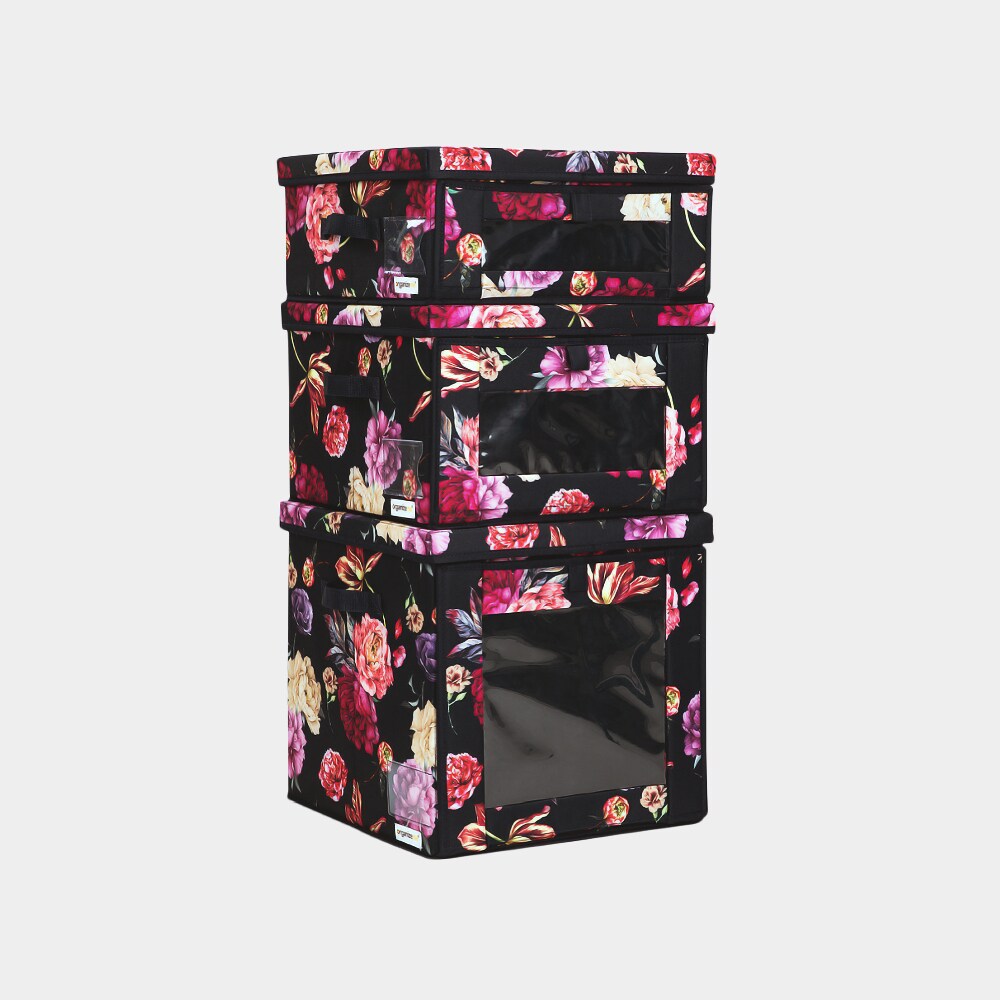 Organizeme OMDK299060 3-Pack Navy Floral Fabric Collapsible Stackable Bin