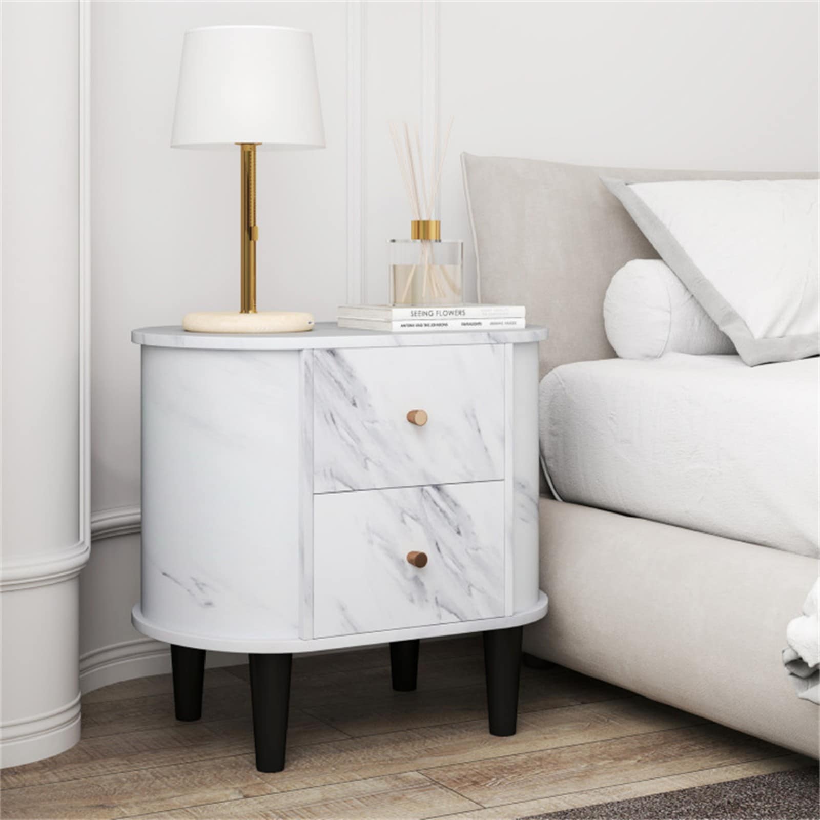 GlasFlength -  23.5 Inch Nightstands Marble Texture Oval Bedside Table 2 Drawers Modern Stylish S...