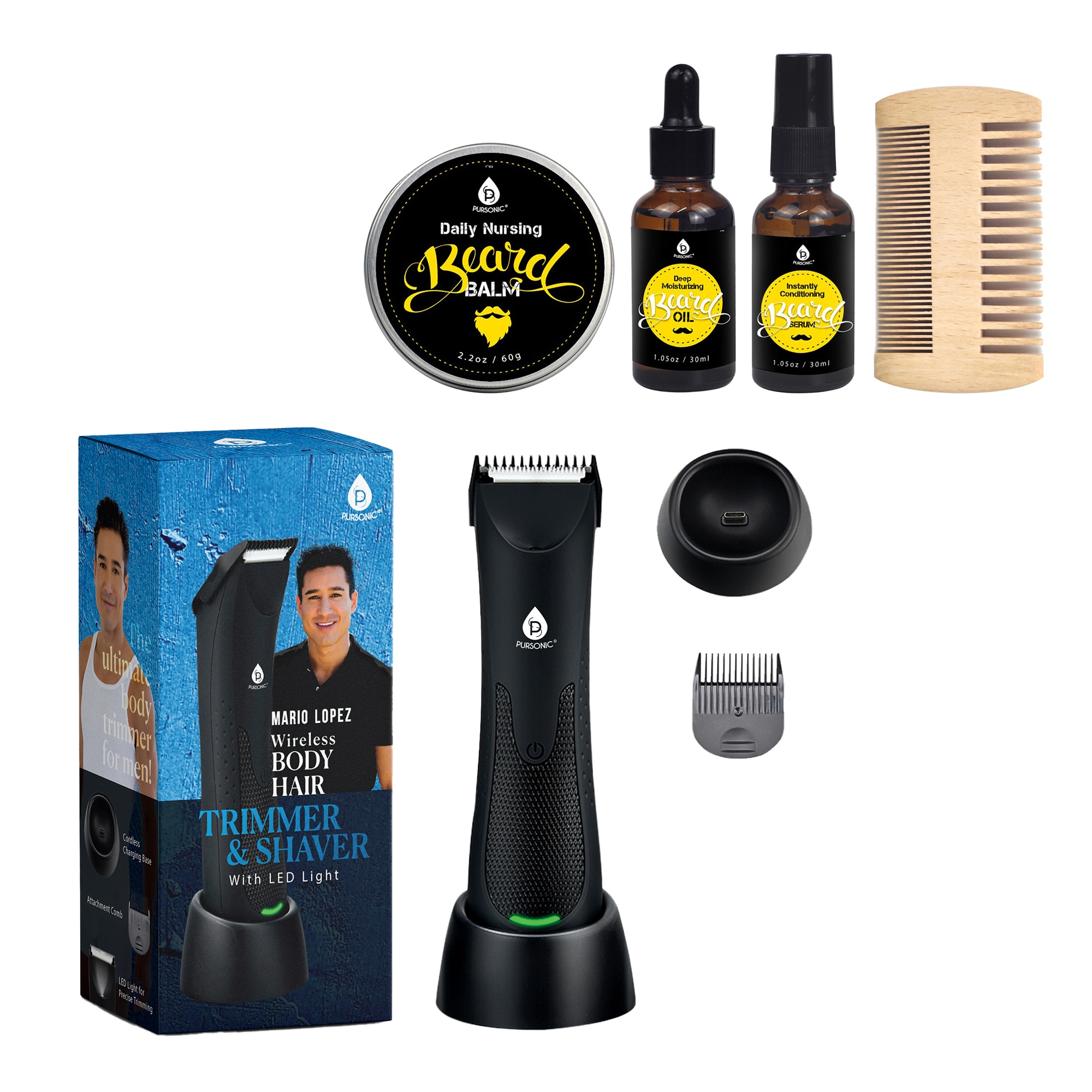 Pursonic Mario Lopez Wireless Body Hair Trimmer  Shaver and Beard Care Grooming Kit Bundle