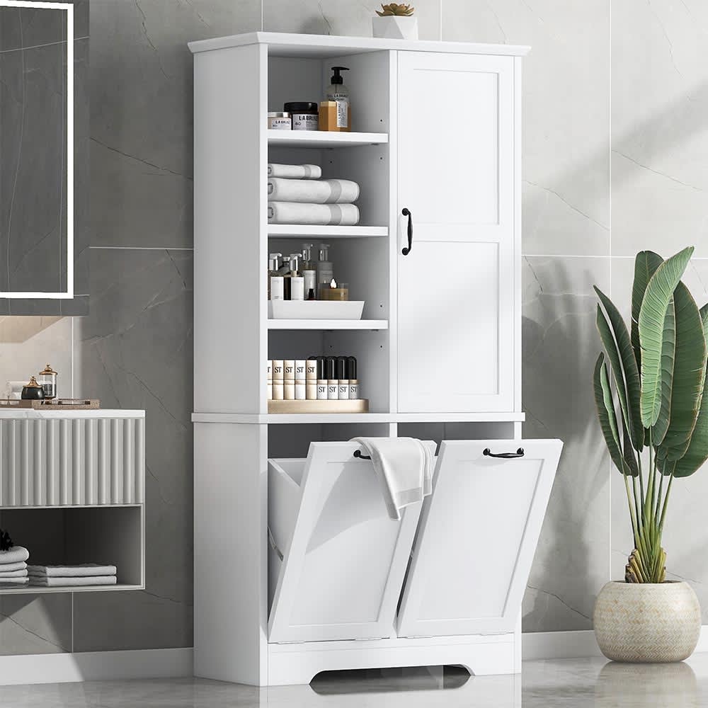 JUJABU ZJBATHCABINET-6 White Bathroom Storage Cabinet with Doors and Drawers Tilt-Out Laundry Hamper Freestanding Style Open Shelve Adjustable Shelf