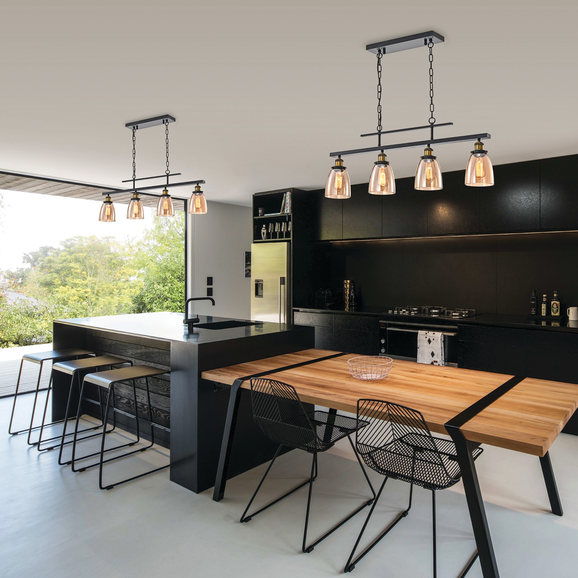 Walden Antique Black 4-Light Linear Kitchen Chandelier with Amber Glass
