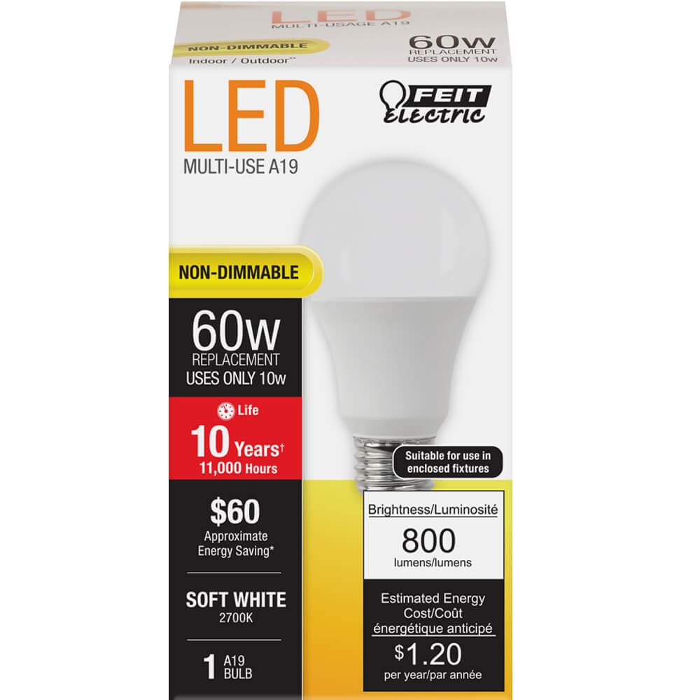 Feit Electric A800/827/10KLED/6 LED Non-Dimmable 60 -Watt EQ A19 Soft white Medium base (E-26) LED General purpose Light Bulb 6 -Pack