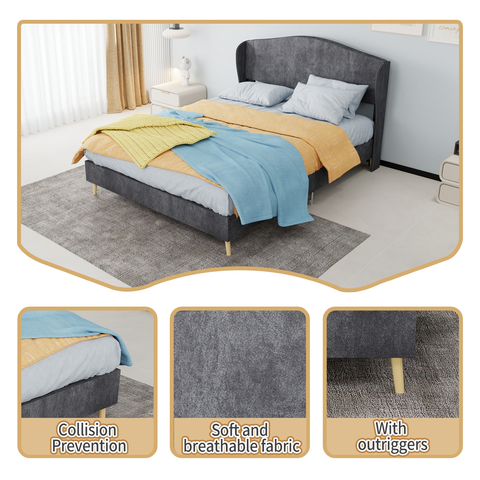 CHITA Full Grey Bed Frame with Upholstered Design and Slat Support and ...
