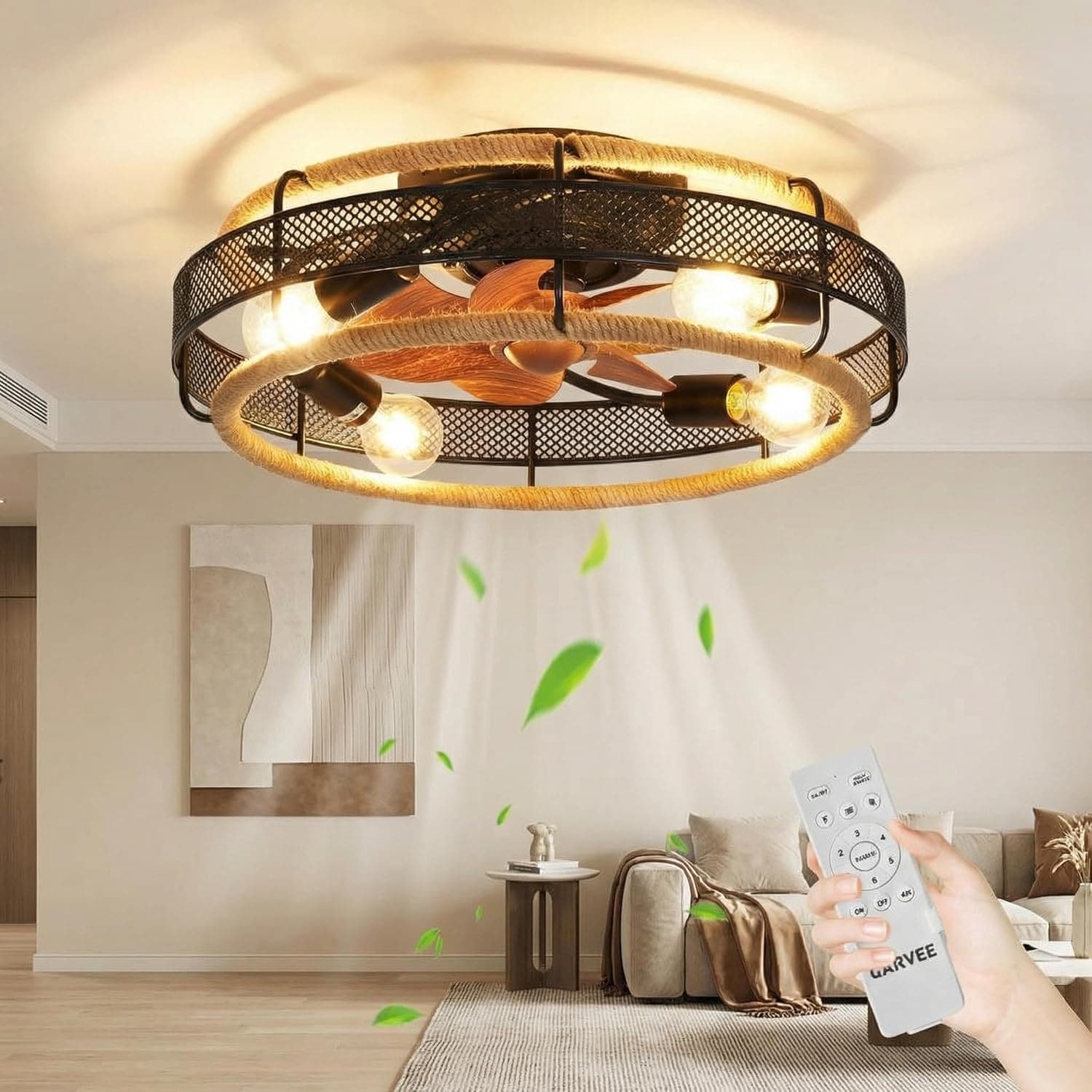 GarveeLife ABS Boho Ceiling Fan Light Industrial Style Cage Ceiling Fan With Remote Control Quiet Reversible Flush Mount Fan For Bedroom Kitchen Covered Outdoor Patio E26 Base Included