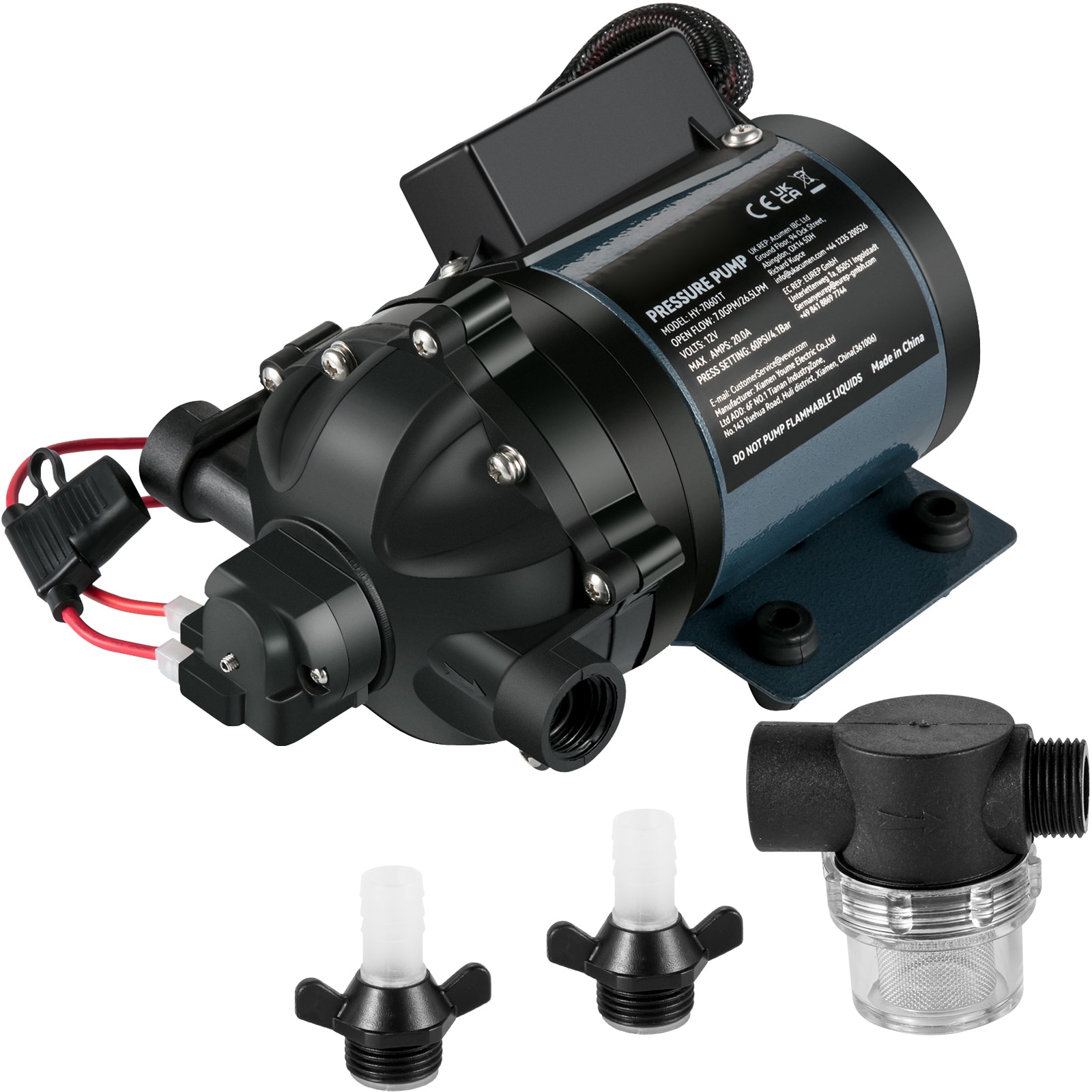 VEVOR SCCXBZLDYBD701526V9 Washdown Pump  12V DC  7 GPM 60 PSI  Max. 10 FT Lift Self Priming Water Pump  with EPDM Valve  Universal Salt Water Strainer and Female/Male Thread  for RV  Marine Deck  Yacht