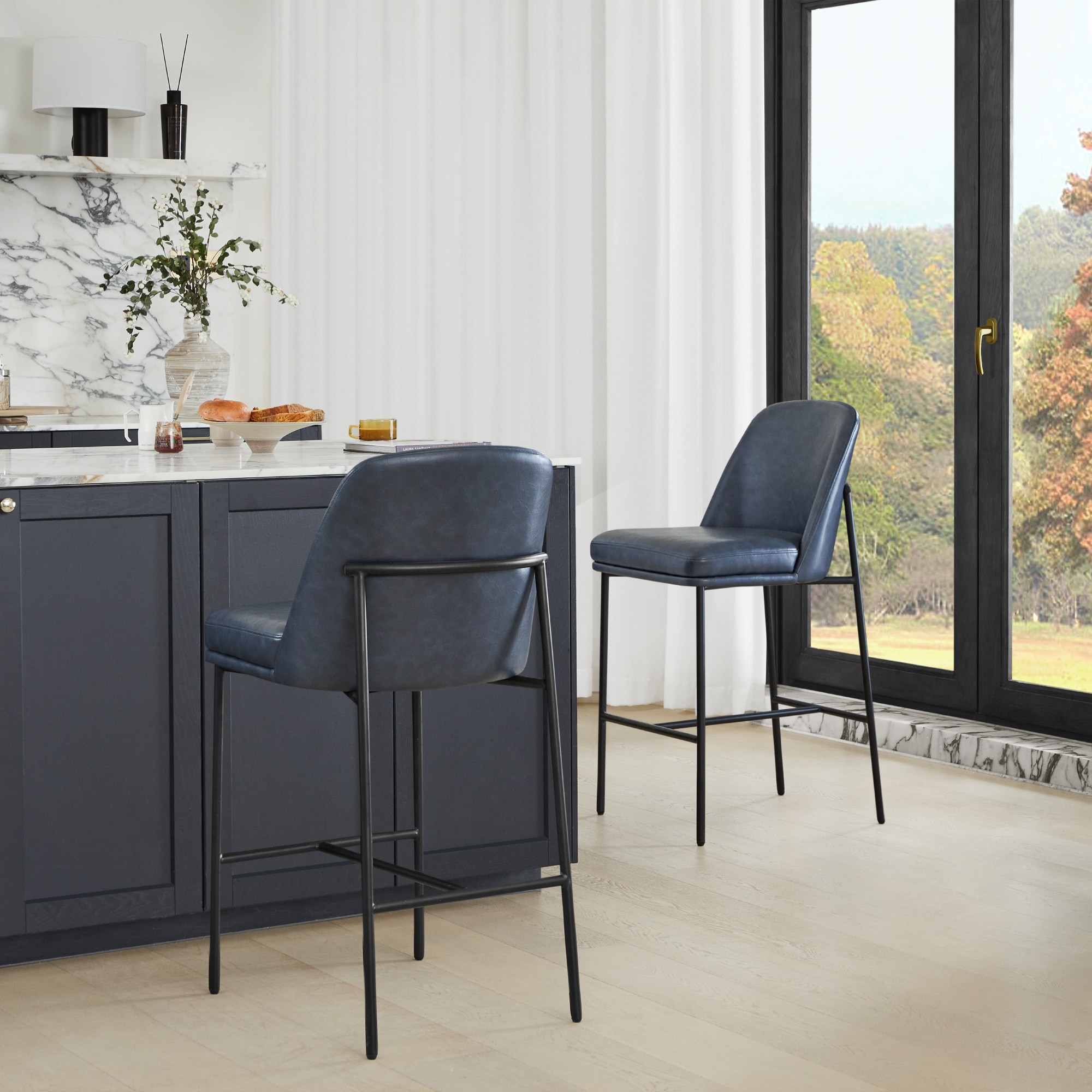 Circle 55 LWSY2018-PU6033 Navy Blue 27-in H Counter height Upholstered Metal Bar Stool 2 -Pack