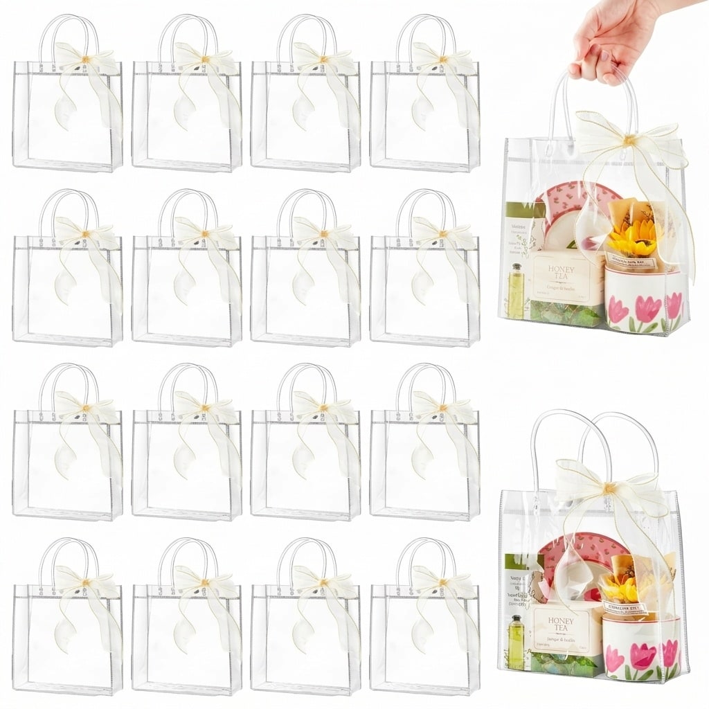 Afoxsos  24 pcs Clear Plastic Gift Bags with Handles 7 87 x 7 87 x 3 15 Inches Reusable Party Favor Bags with Ribbon Bulk for Weddings Birthdays