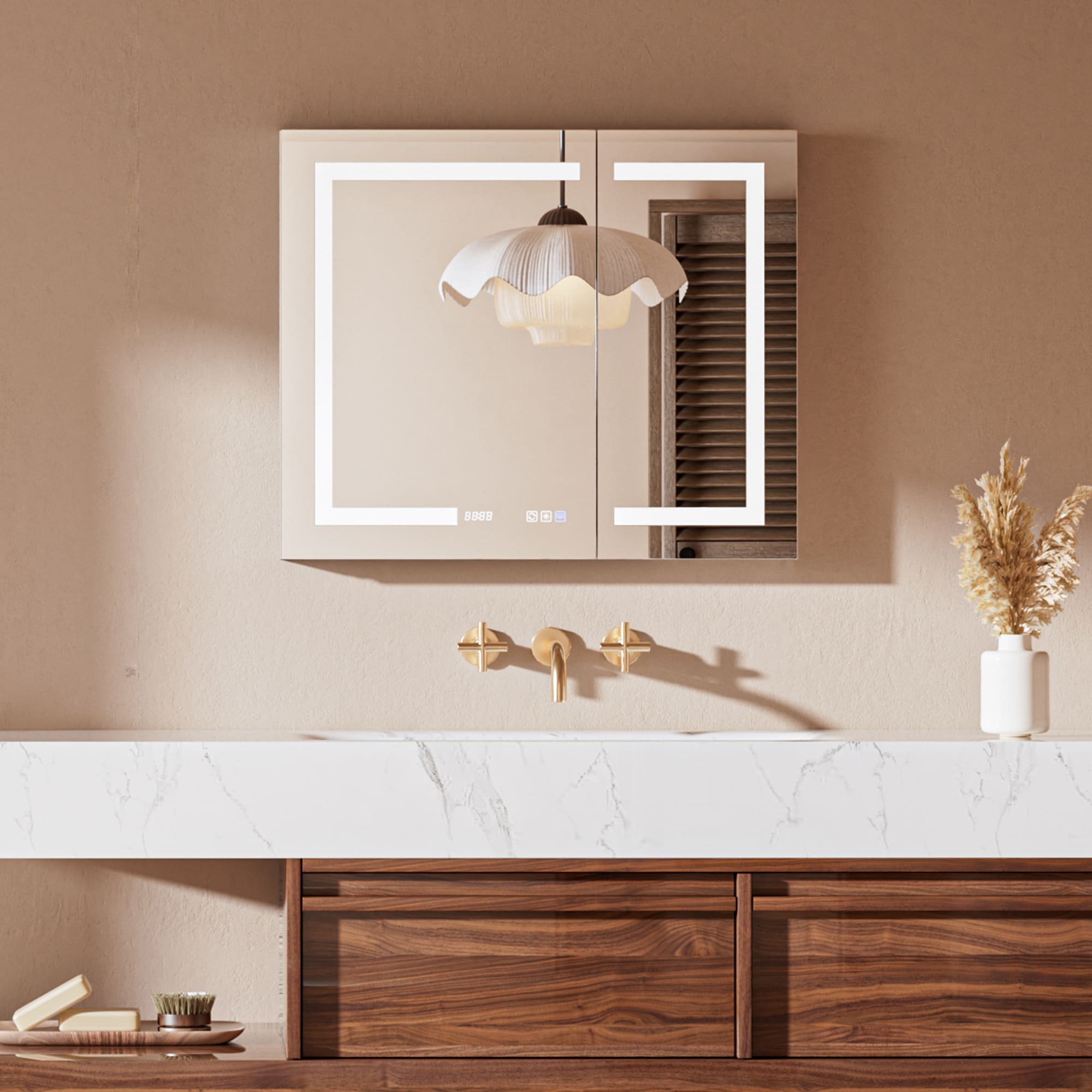 Lirago Lighted Bathroom Medicine Cabinet with Intelligent Mirror 42 in. W x 30 in. H Dimmable Time and Temp Display Anti-Fog Built-in Outlet and USB Adustable Shelf
