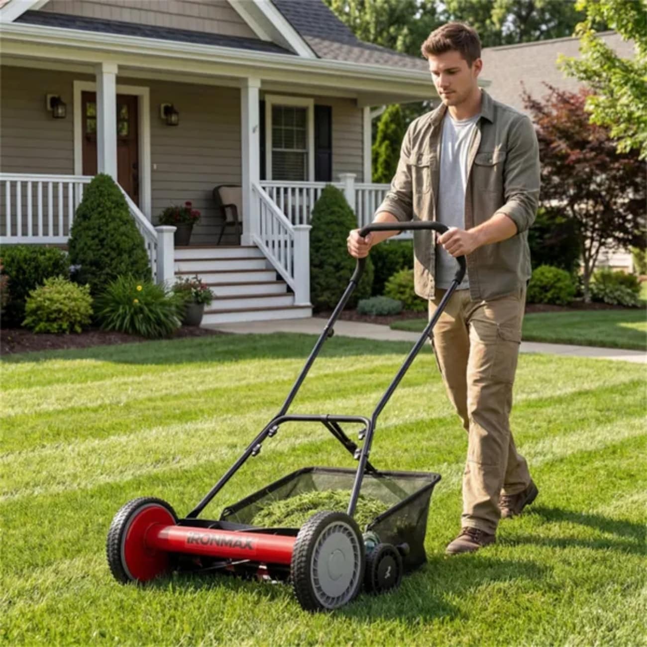 Vkoiyg  18-inch Five-Blade Push-Type Lawn Mower Manual Walking Mower with Four Height Adjustments Red