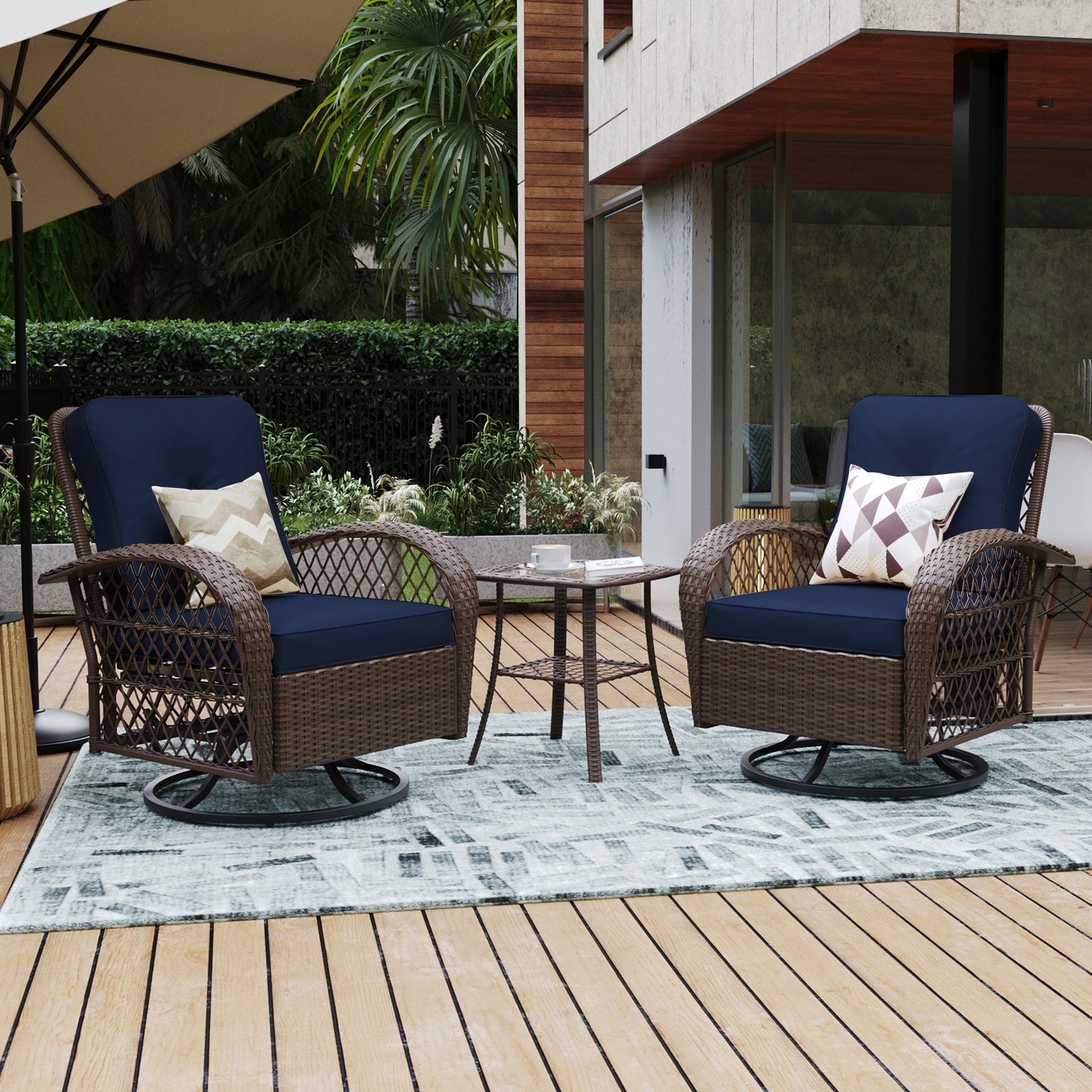 UPHA Y9BE-NAVYBLUE Rocking Chair Set of 2 Wicker Brown Iron Frame Swivel rocker Conversation Chair with Navy Cushioned Seat
