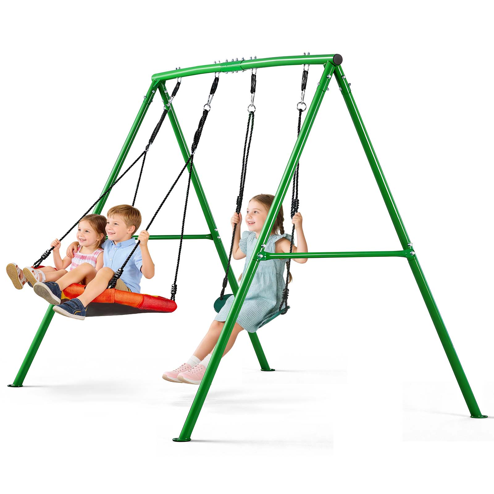 VEVOR Swing Set for Backyard  32 in Saucer Swing Seat and Belt Seat  with Heavy Duty A-Frame Metal Stand  440 lbs Load Capacity  Reinforced with Spiral Ground Anchors  Swingset Outdoor for Kids