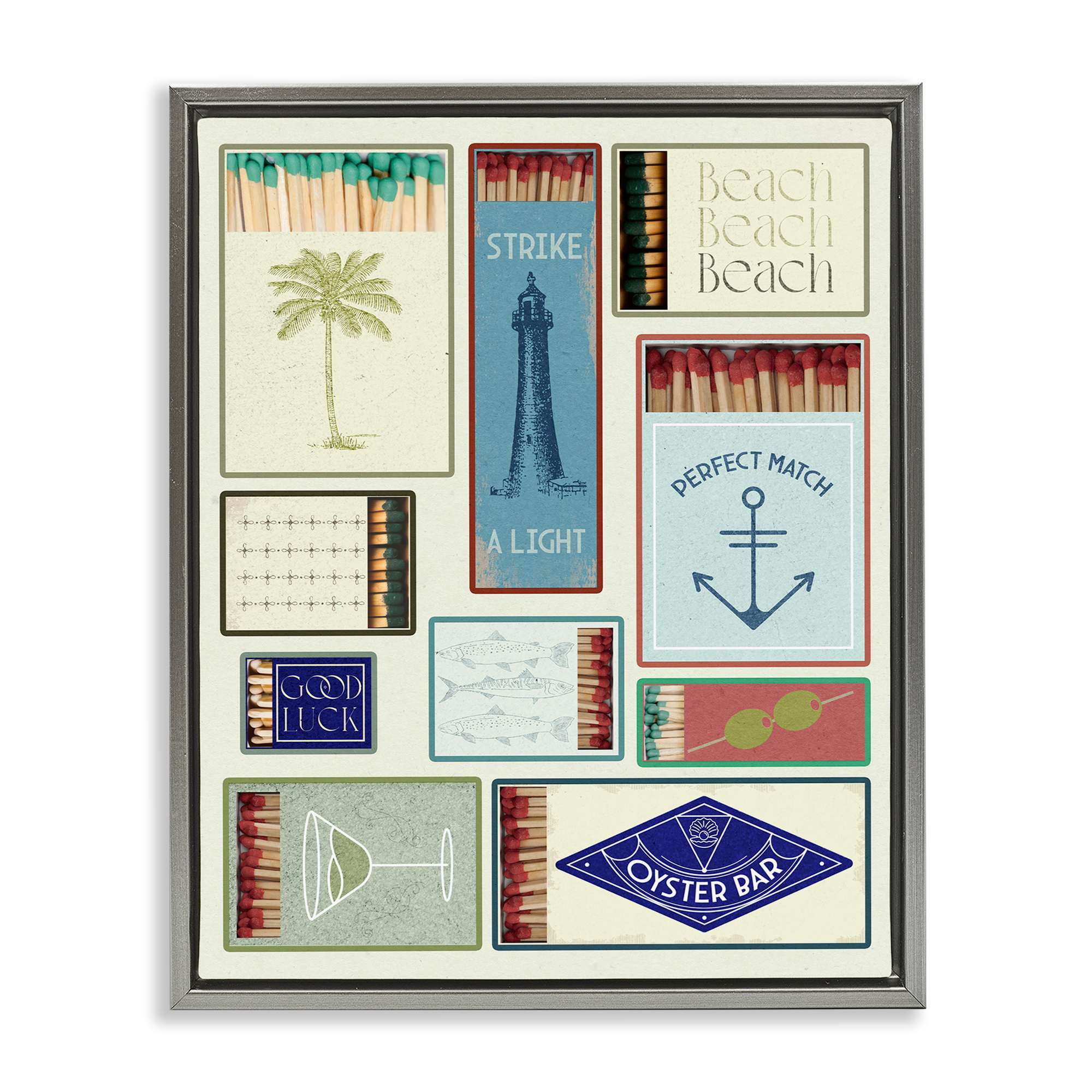 Stupell Industries BT-133-FFL-16X20 Nautical Theme Matchboxes Gray Framed Floater Canvas Wall Art By Lil' Rue 17 x 21