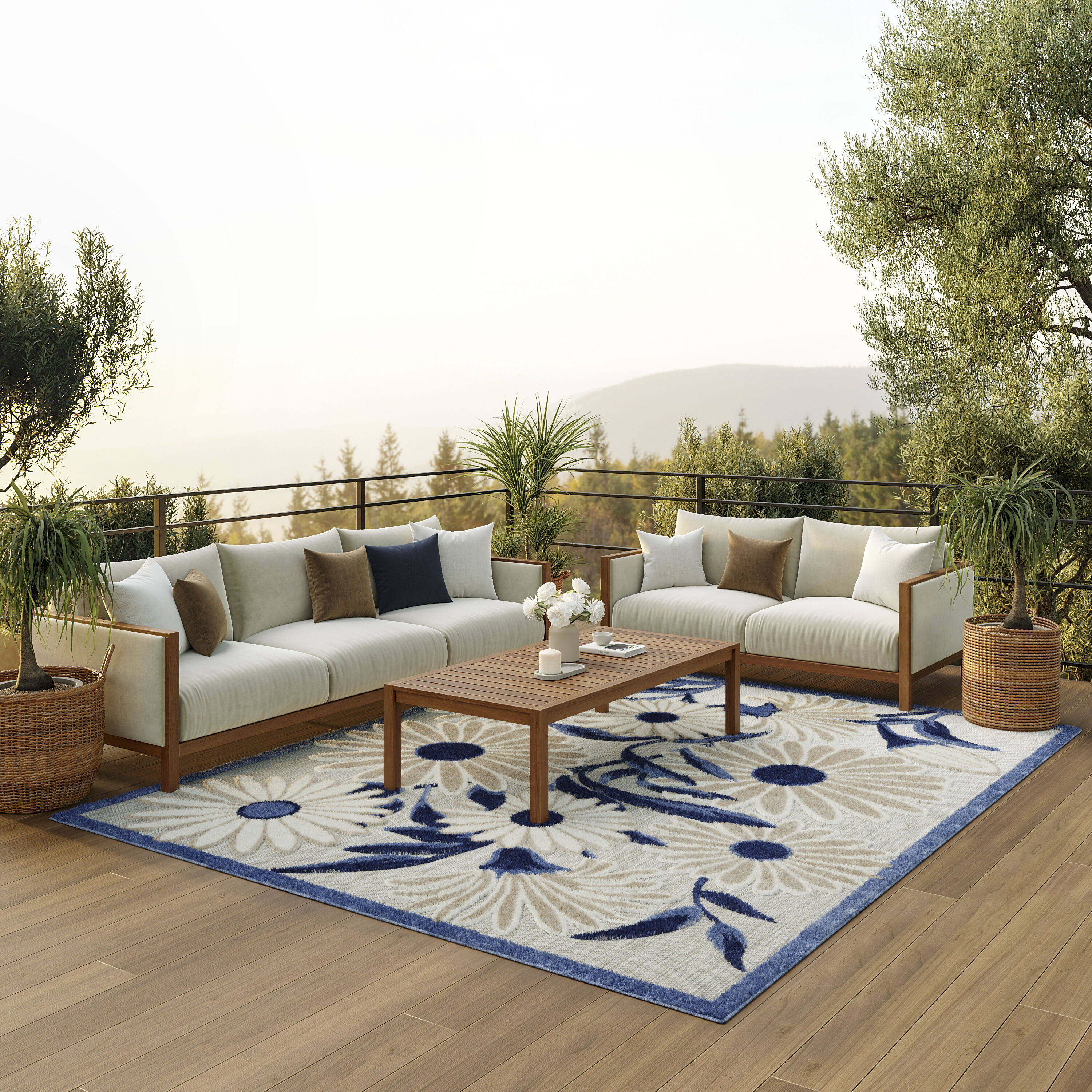 Nourison 099446171856 Aloha 7 x 10 (ft) Loomed Polypropylene Blue Grey Rectangular Indoor/Outdoor Floral/Botanical Tropical Area rug