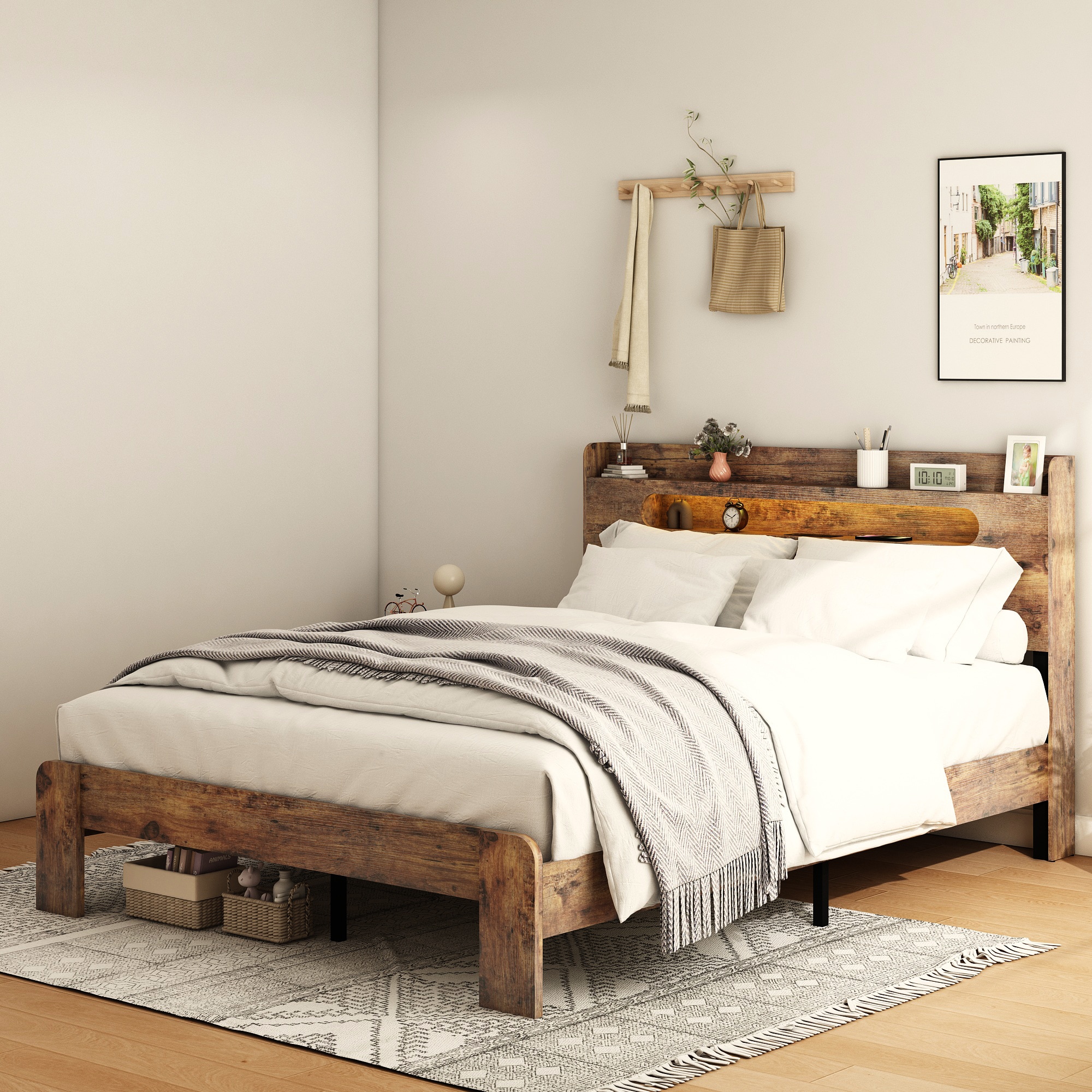 GDFStudio Full Size Wood Platform Bed with LED Headboard Charging Station Storage Dark Brown USB Ports