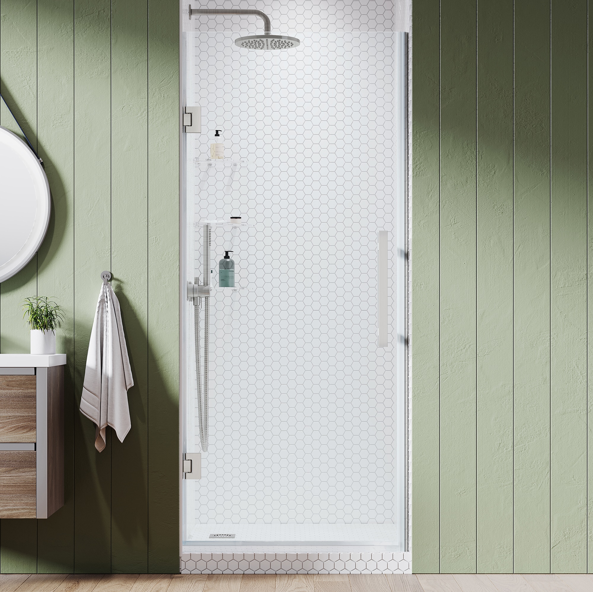 OVE Decors 828796067041 Tampa-Pro Satin nickel 30-1/8-in to 30-11/16-in W x 72-in H Frameless Pivot Shower door 5/16-in Thick Clear Glass