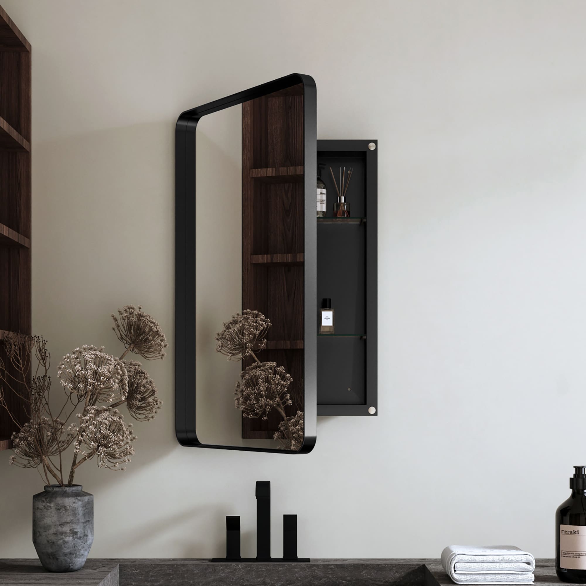 Tinyhomie 20 x 30 Inch Black Wall Mounted Bathroom Medicine Cabinet with Mirror and Storage Shelves